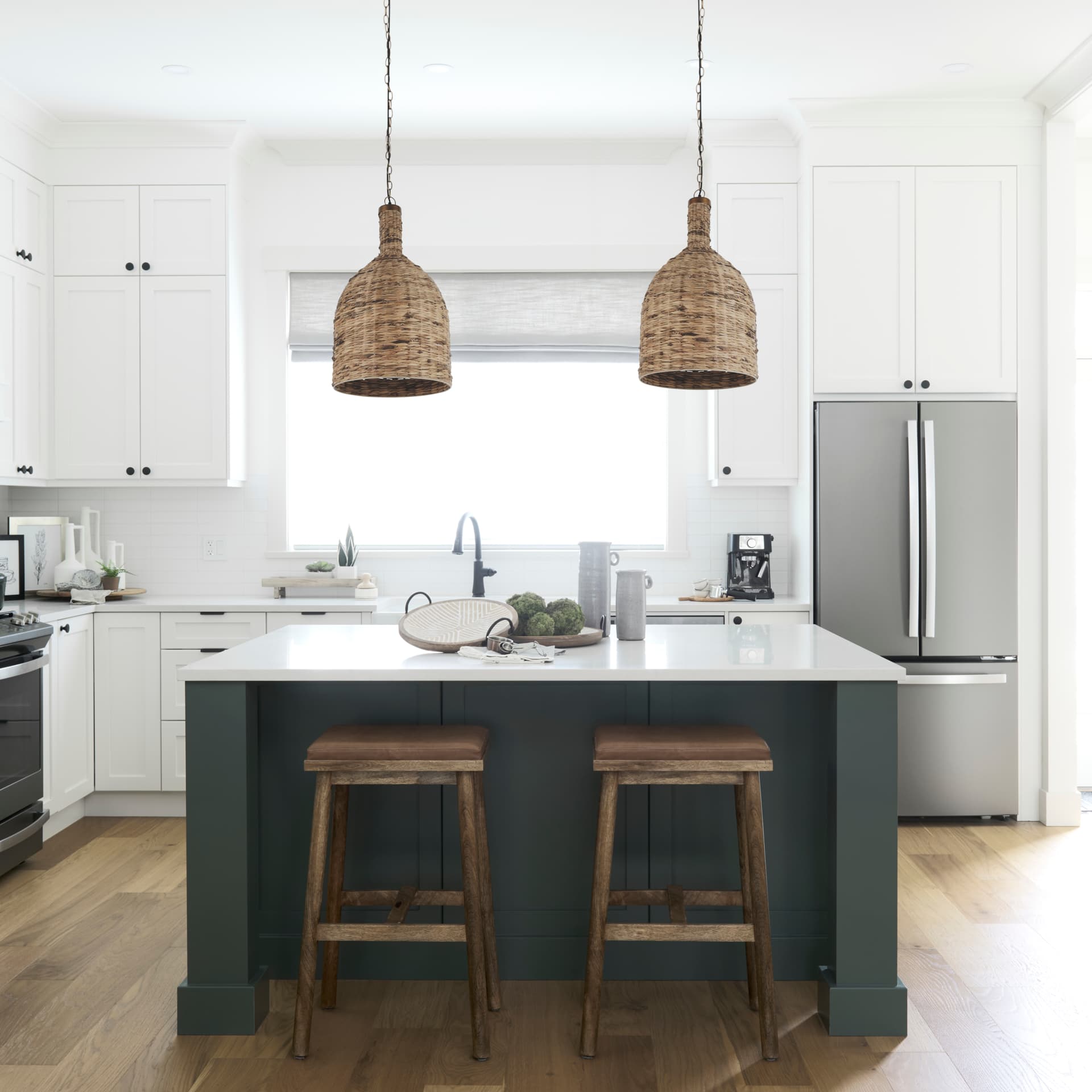 Campanile 16.0L x 16.0W x 27.0H Brown Whicker Pendant Light — in a styled room