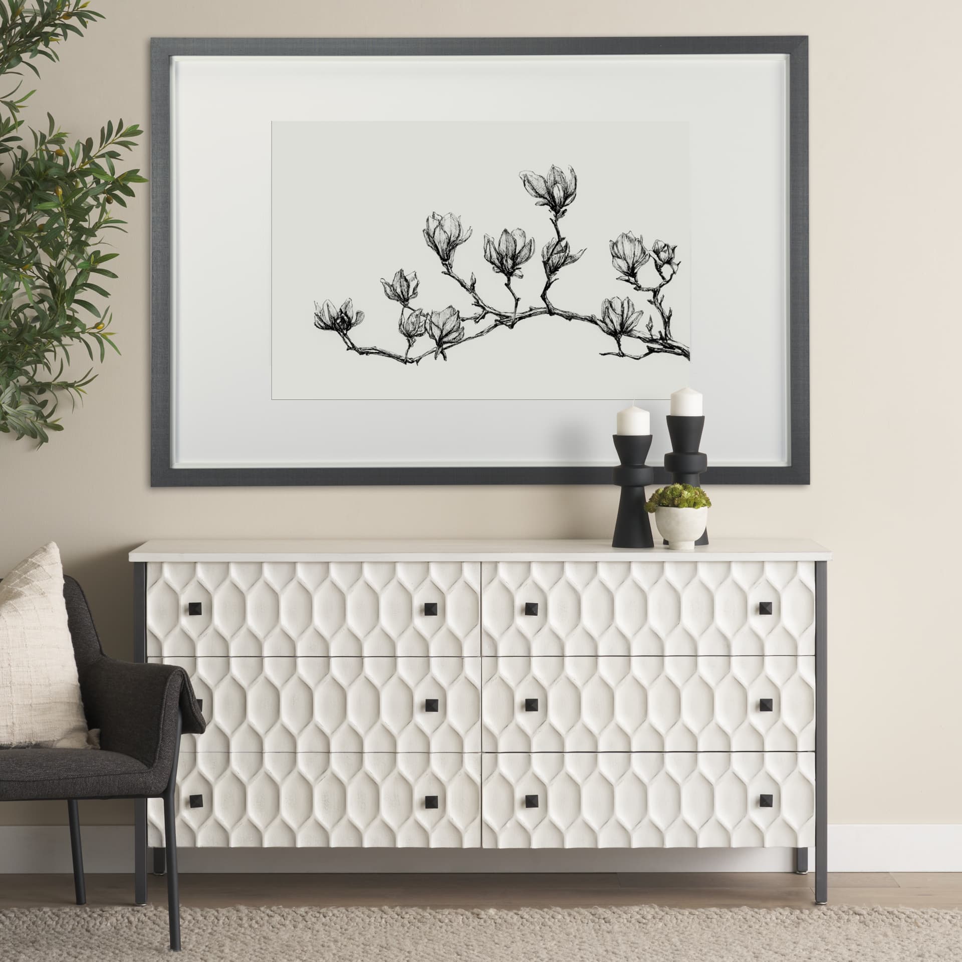 Magnolia II by Mercana Studio a Hand Embellished Textured Framed Art Print Matted under Glass — in a styled room