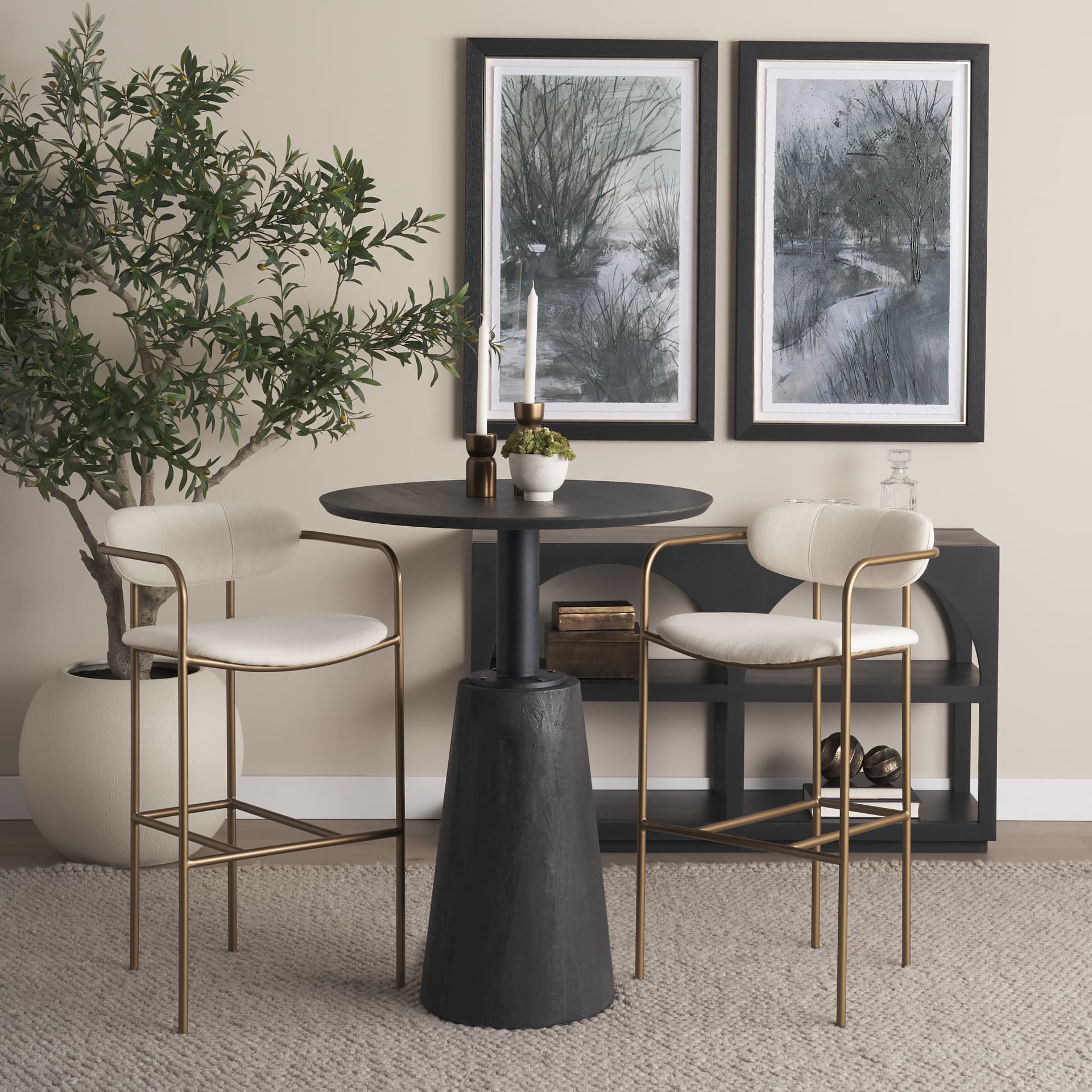 Parker Low Back 30.25in Seat Bar Stool | Cream Fabric w/ Gold Metal — in a styled room