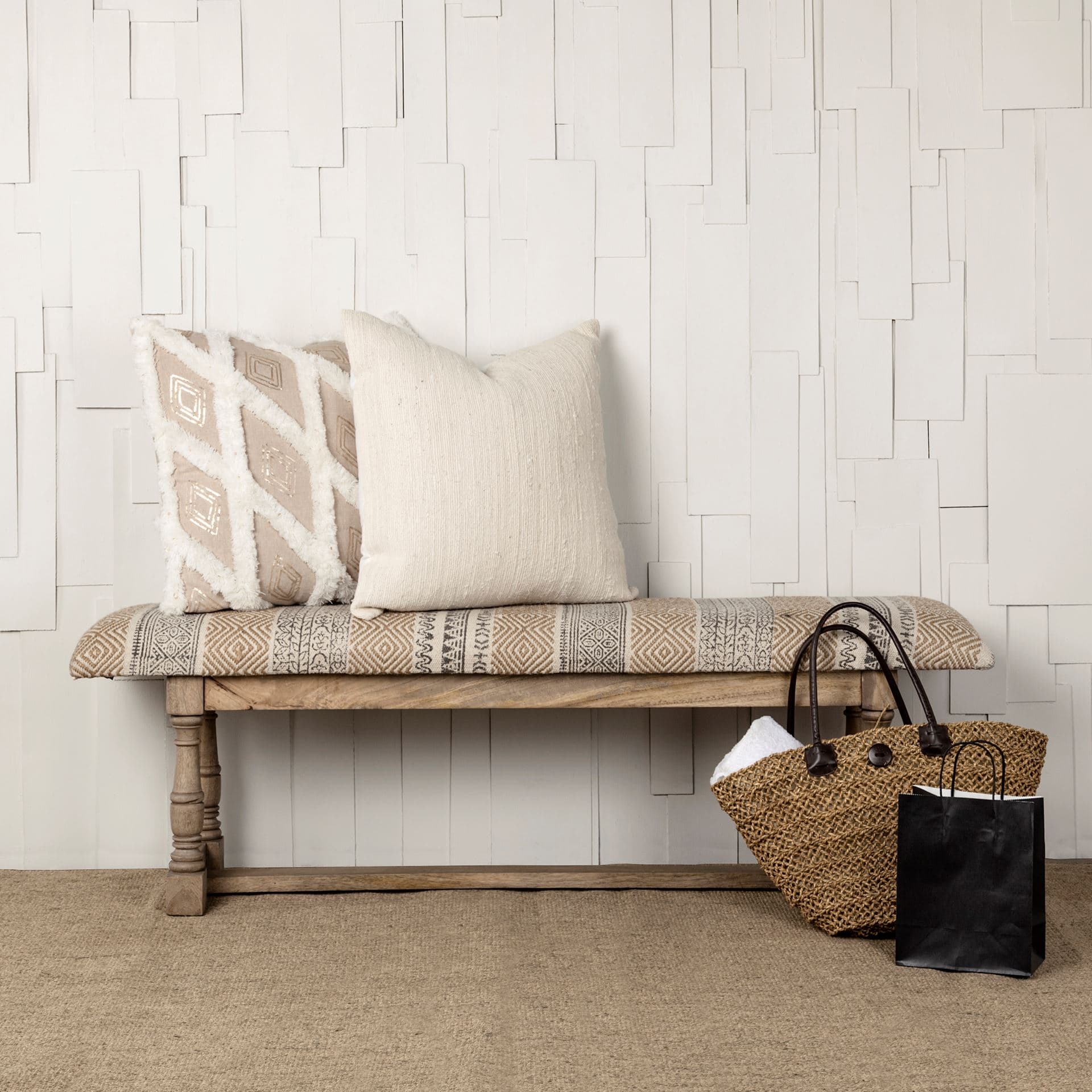 Greenfield II 59L x 14W Patterned Tan Upholstered Wood Frame Accent Bench — in a styled room
