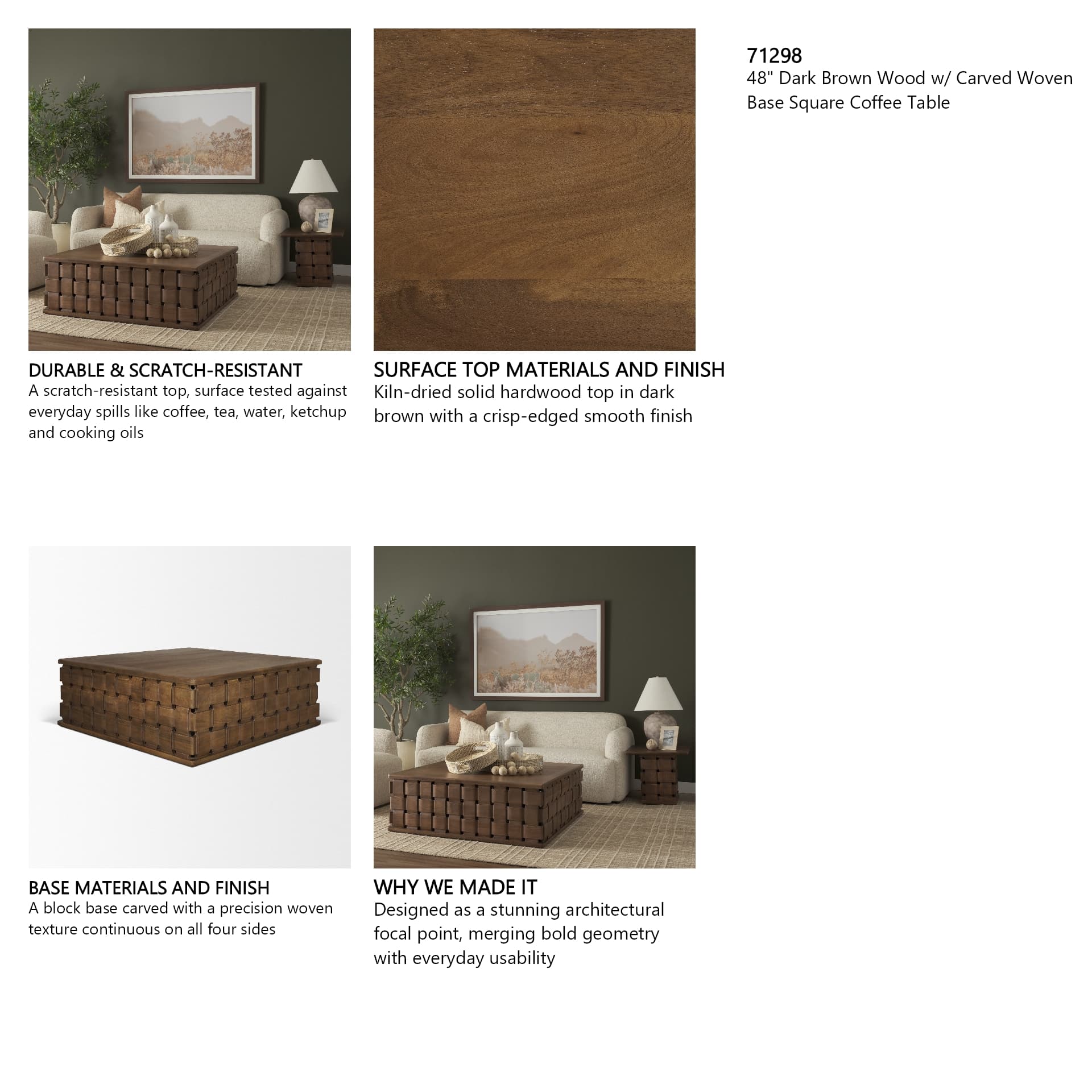 Trellyn 48" Dark Brown Wood w/ Carved Woven Base Square Coffee Table — in a styled room