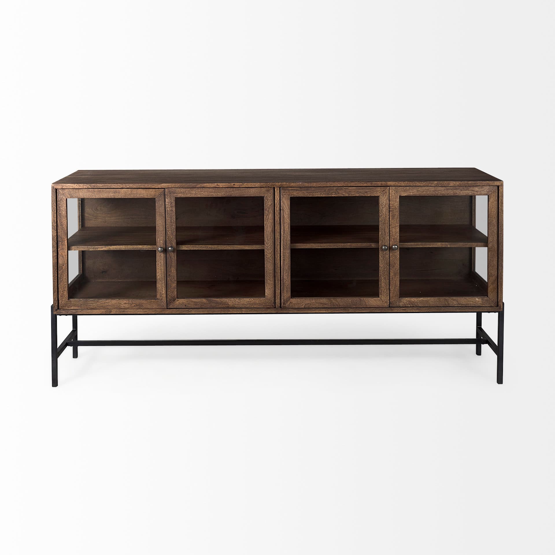 Arelius 70L x 18.75W x 32H Medium Brown, Black Metal Base w/ 4 Glass Door Cabinets Sideboard — product photograph