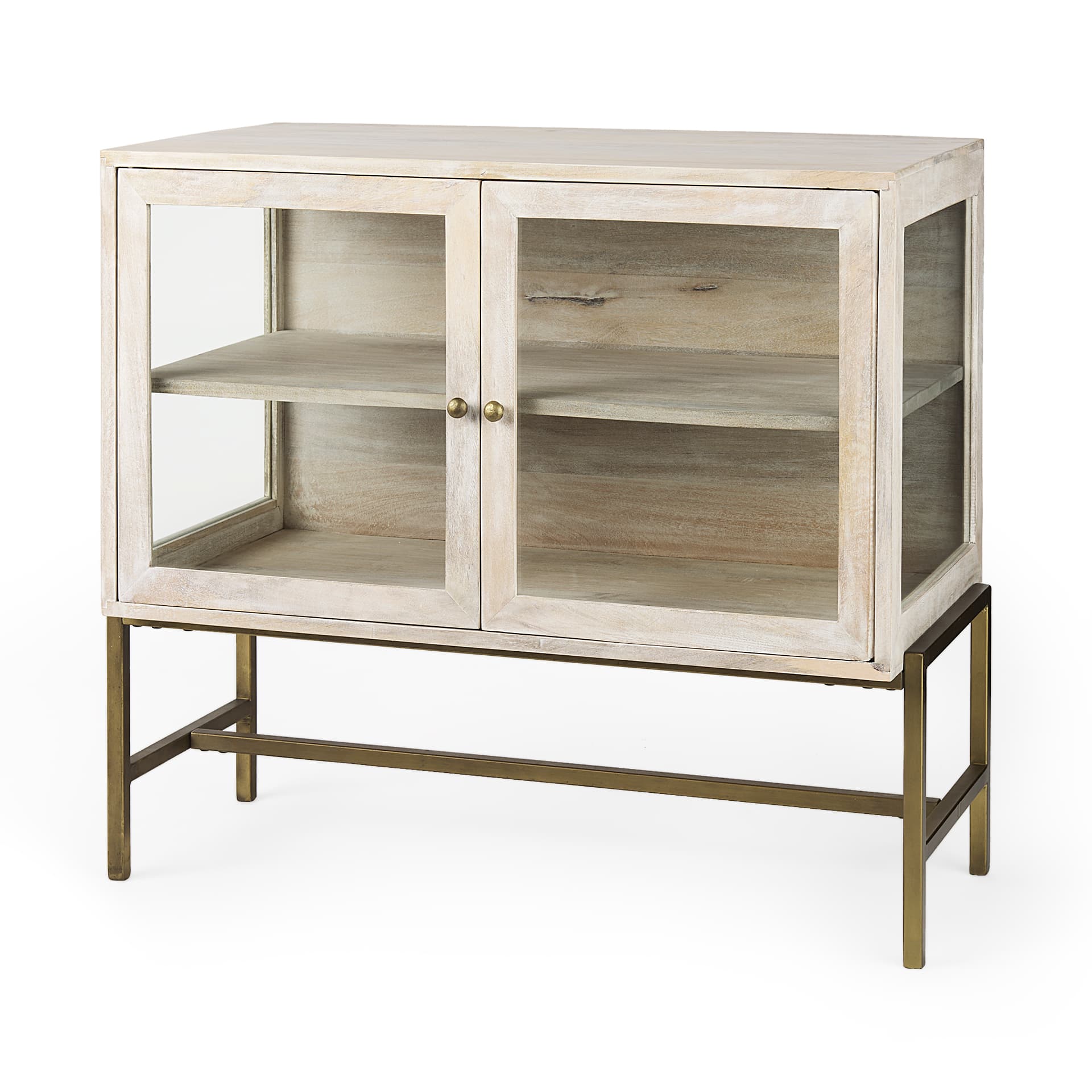 Arelius 36L x 18W x 32H White Wood, Gold Metal Base w/ 2 Glass Doors Accent Cabinet — product photograph