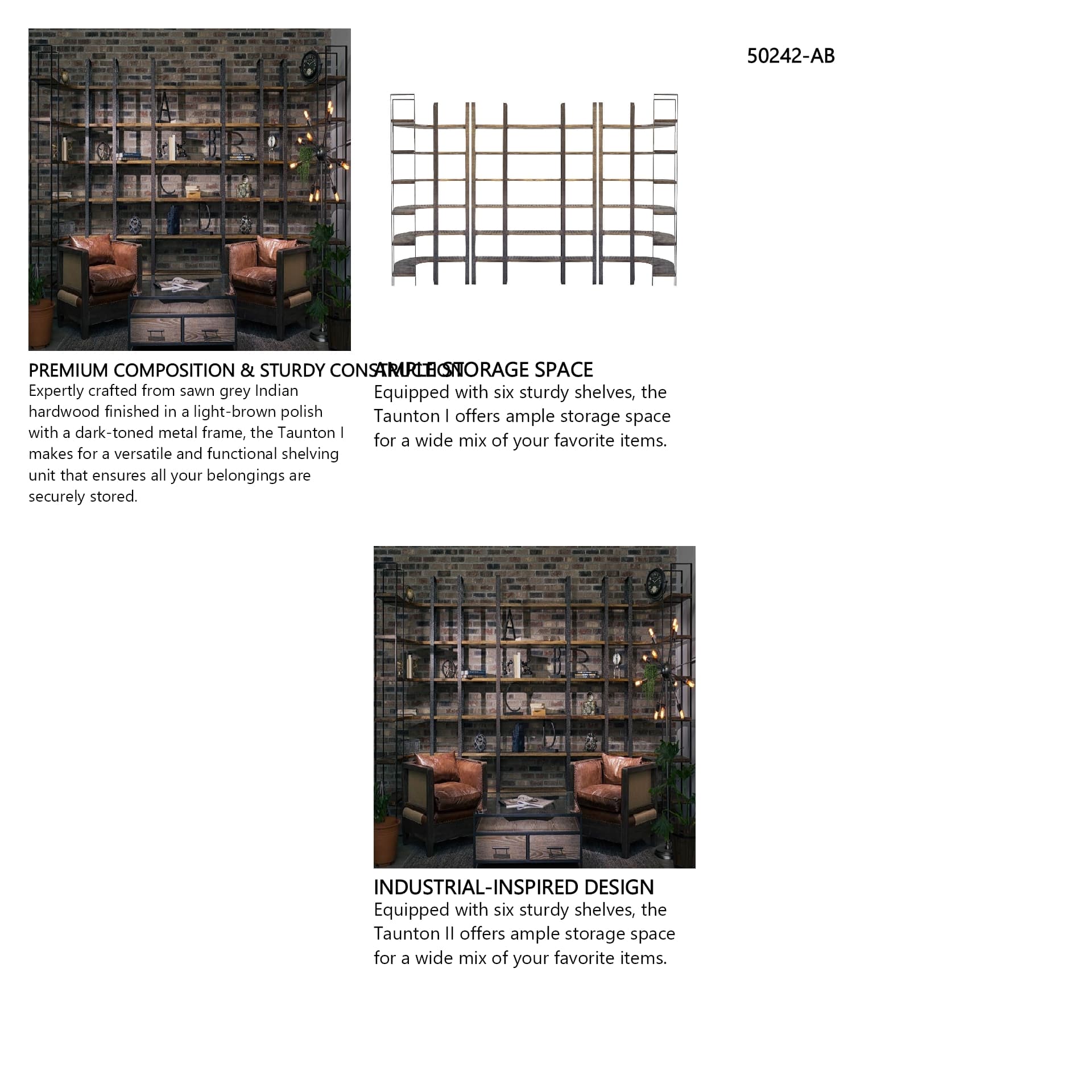 Taunton I 80L x 10.5W x 90H Brown Wood and Black Iron Six Shelving Unit — in a styled room