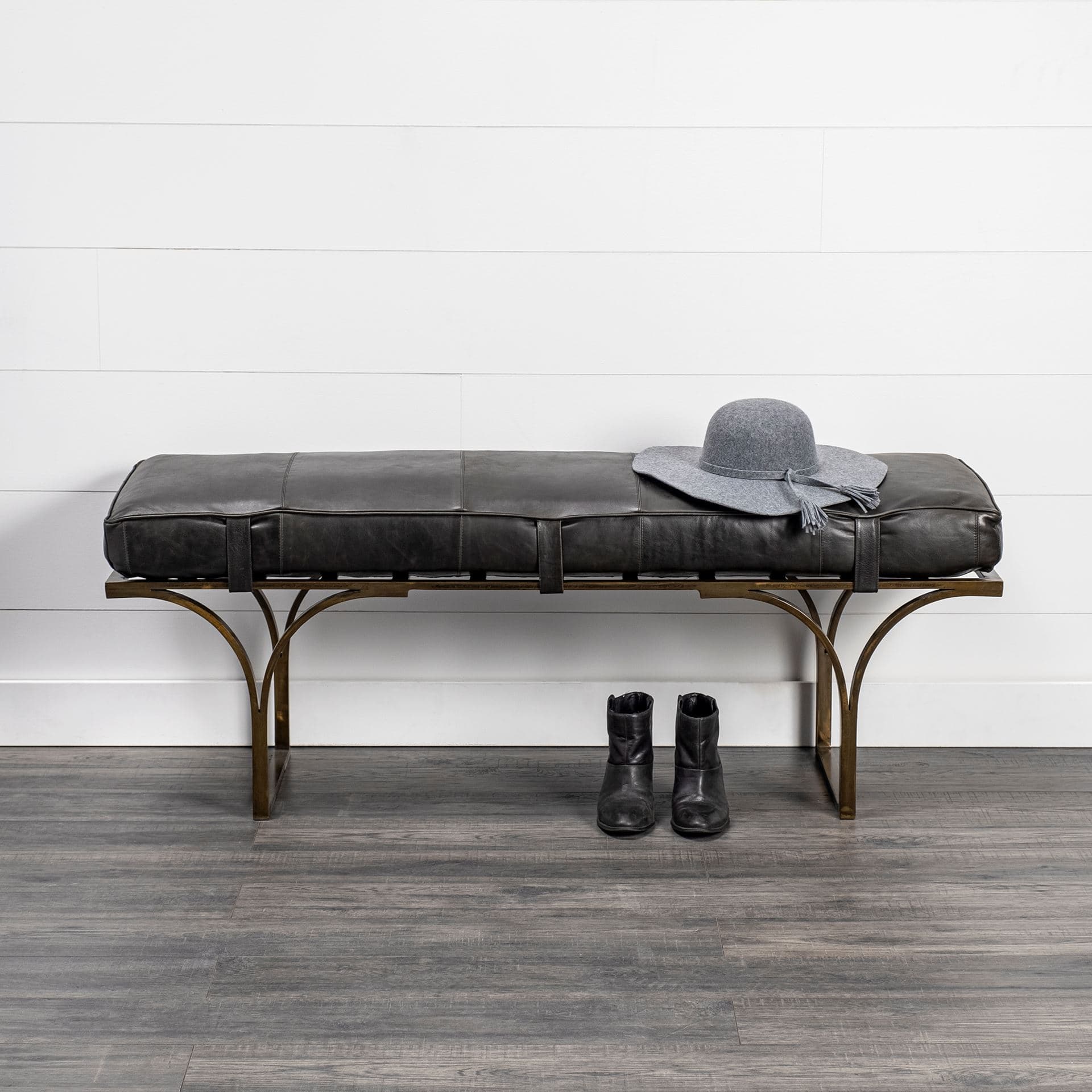 Jessie 55L x 16W Black Leather Seat W/Gold Metal Base Accent Bench — in a styled room