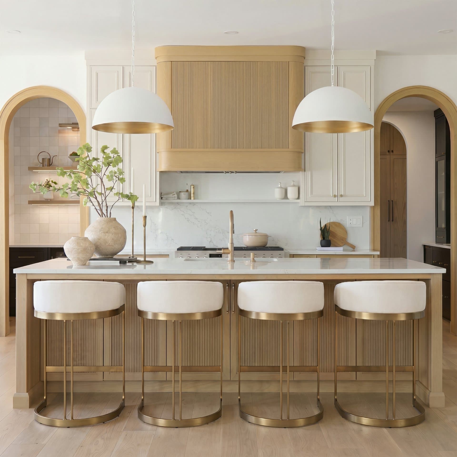 Hollyfield Low Back 24.75in Seat Counter Stool | Cream Fabric w/ Metal — in a styled room