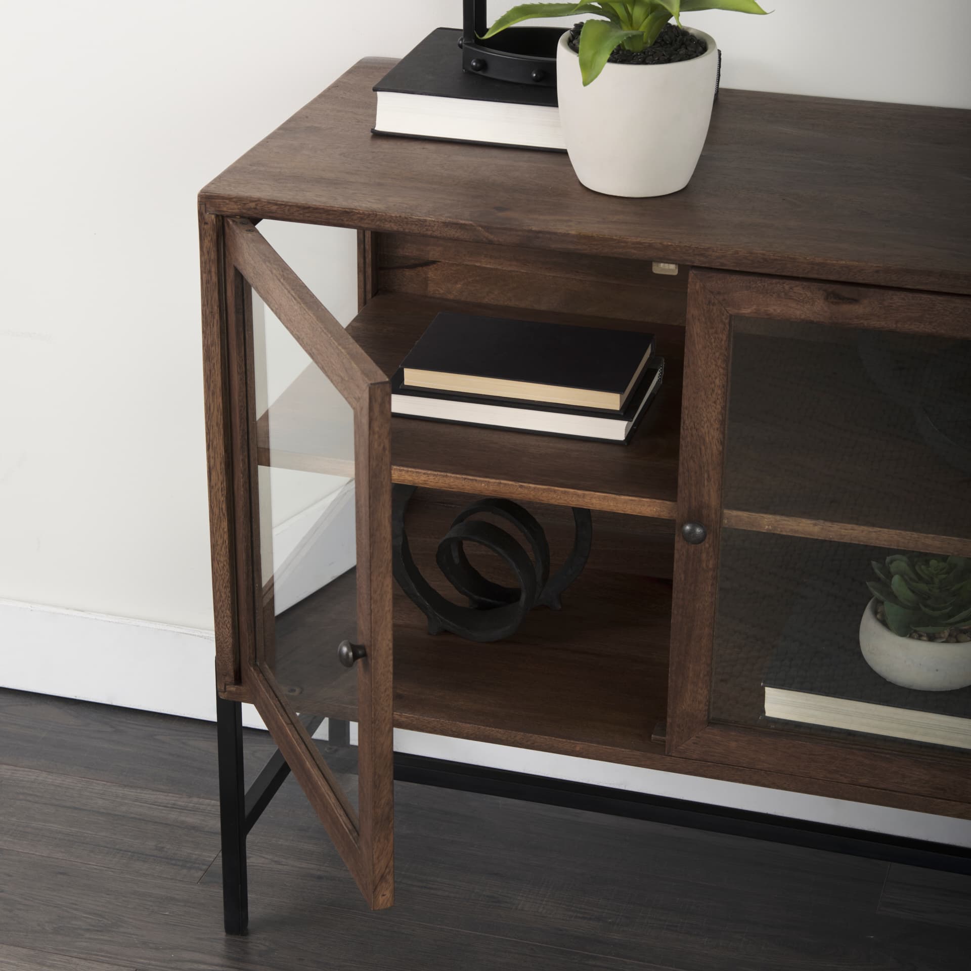 Arelius 36L x 18W x 32H Medium Brown Wood, Black Metal Base w/ 2 Glass Doors Accent Cabinet — product photograph