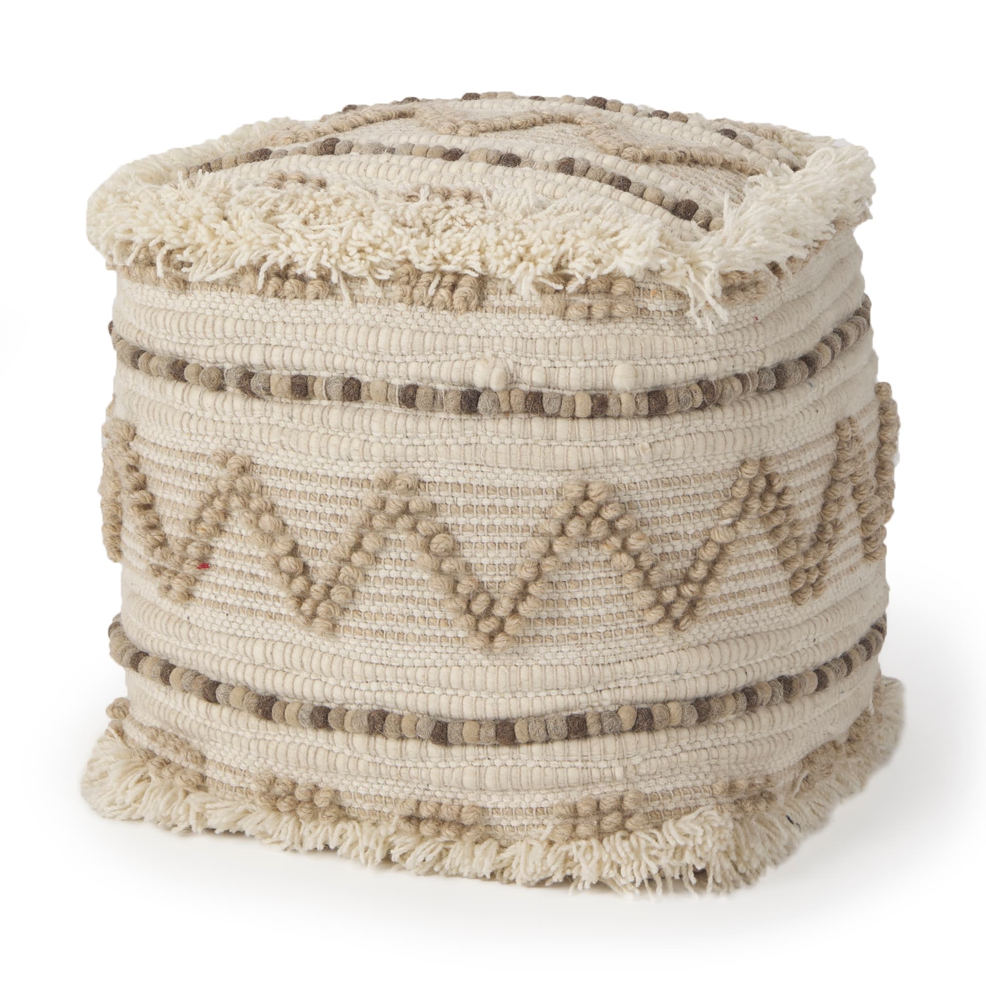 Caela Beige/Brown Wool, Cotton and Felt Popcorn Stitch Square Pouf — product photograph