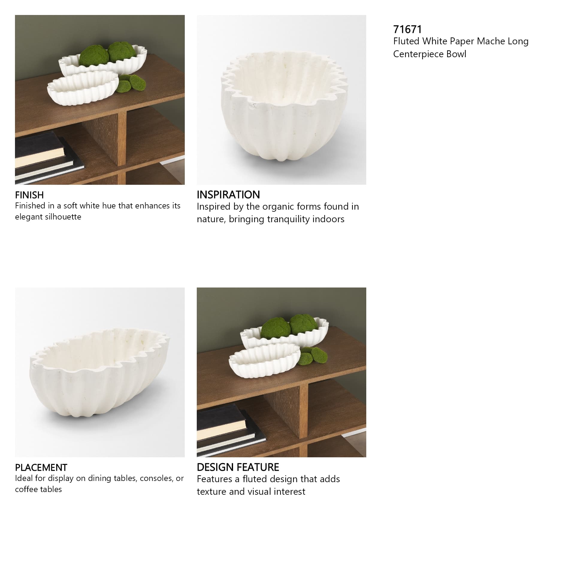 Camelia Fluted White Paper Mache Long Centerpiece Bowl — in a styled room