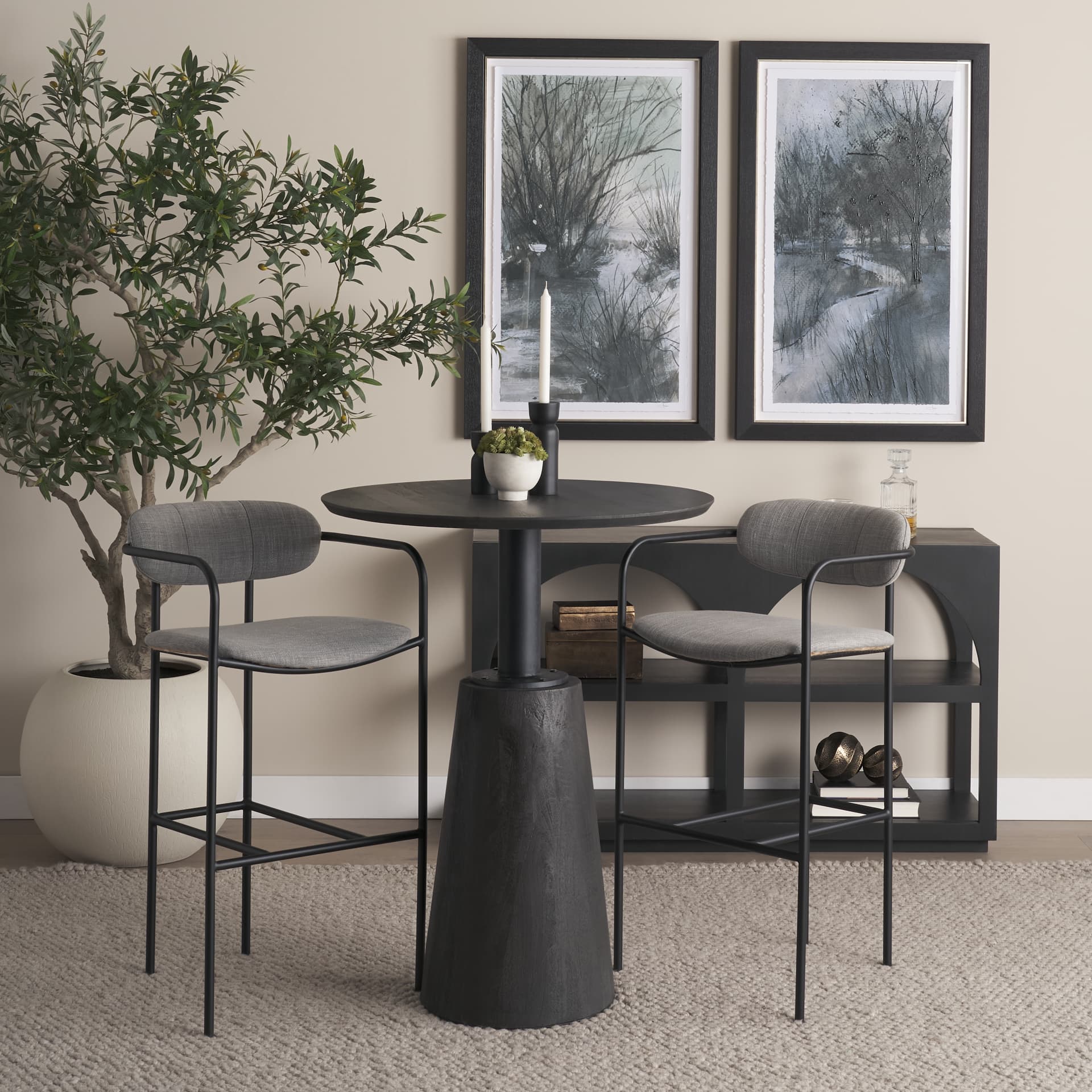 Parker Low Back 30.25in Seat Bar Stool | Gray Fabric w/ Black Metal — in a styled room