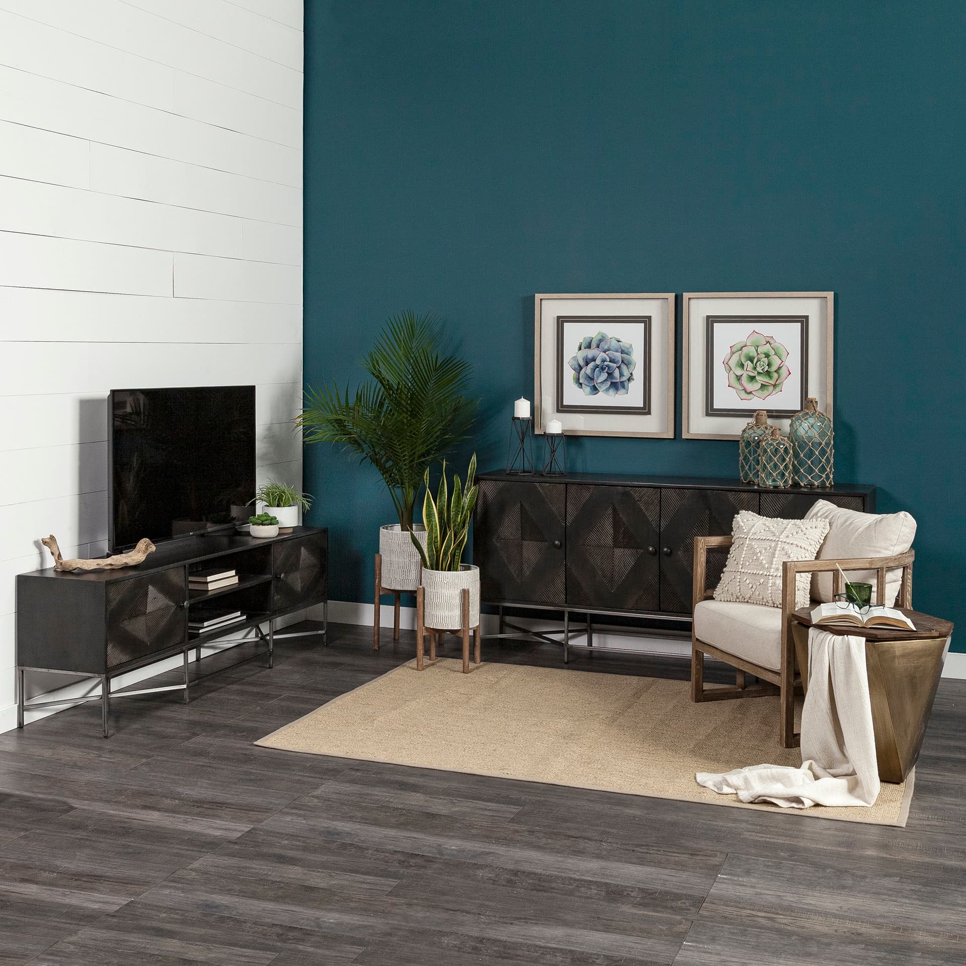 Esagono Octagonal Gold Metal-Clad Reclaimed Wood End/Side Table w/ Storage — in a styled room