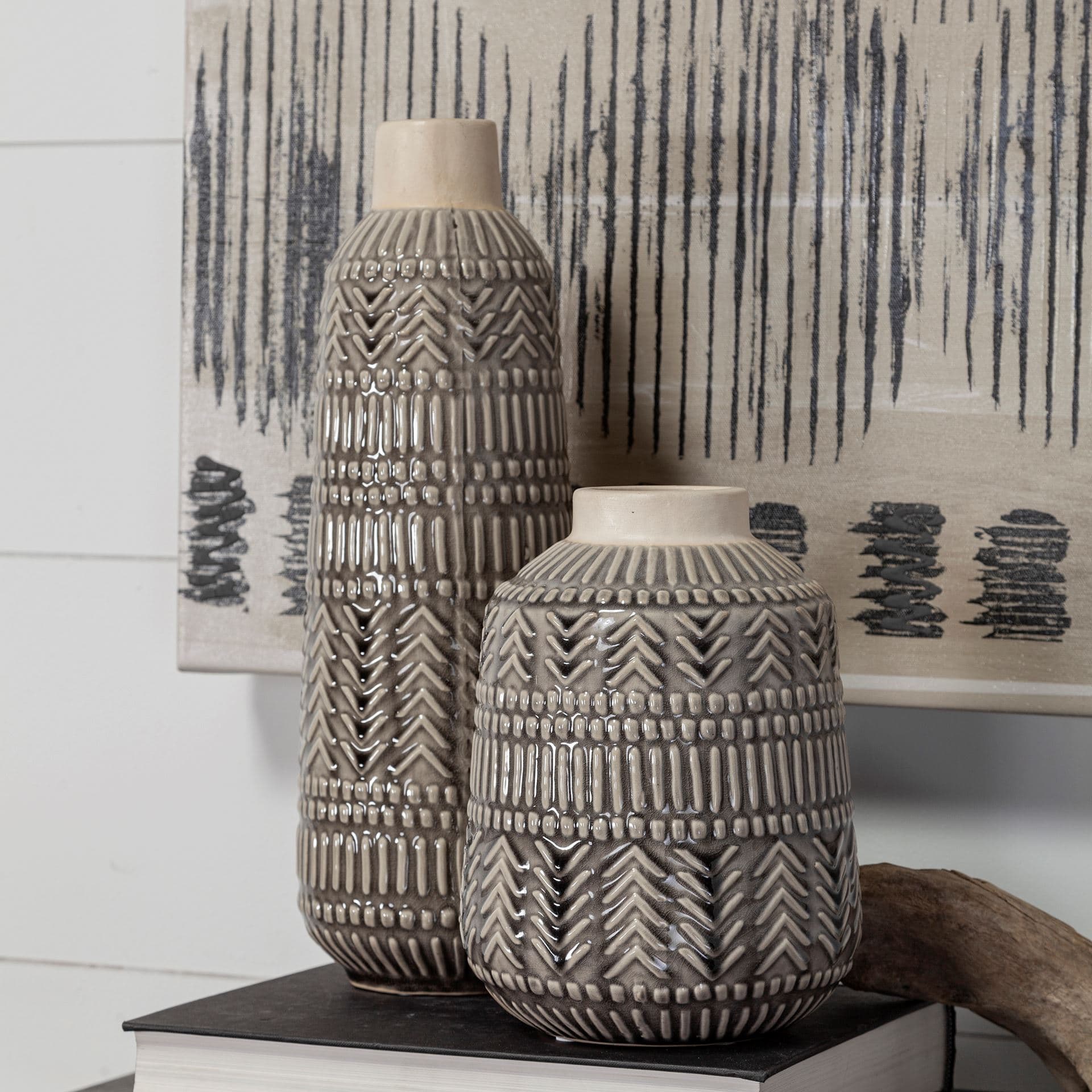 Riker III Large Dark Gray Cream Ceramic Vase — product photograph