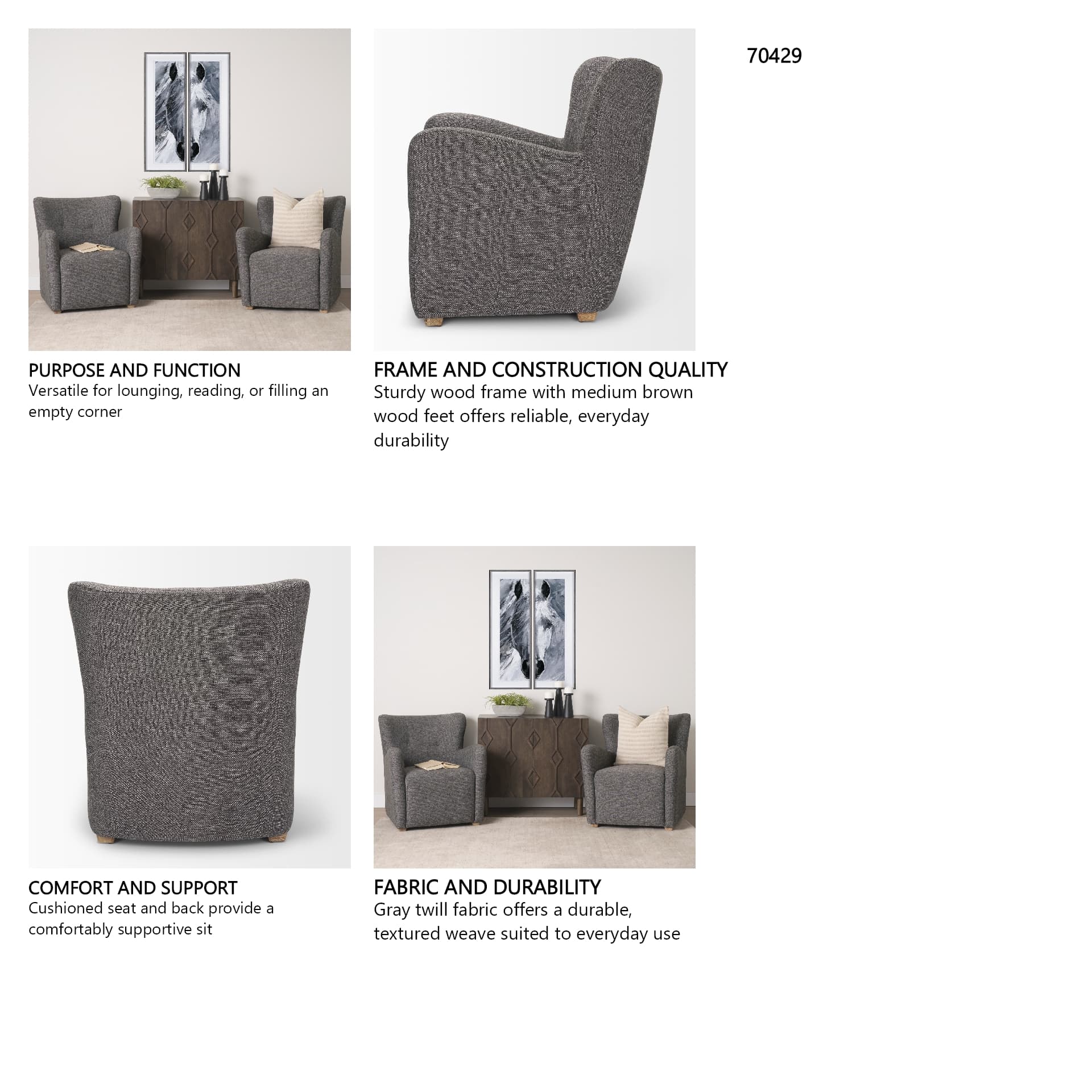 Dunstan Accent Chair Upholstered Gray Twill Fabric and Medium Brown Wood Feet — in a styled room