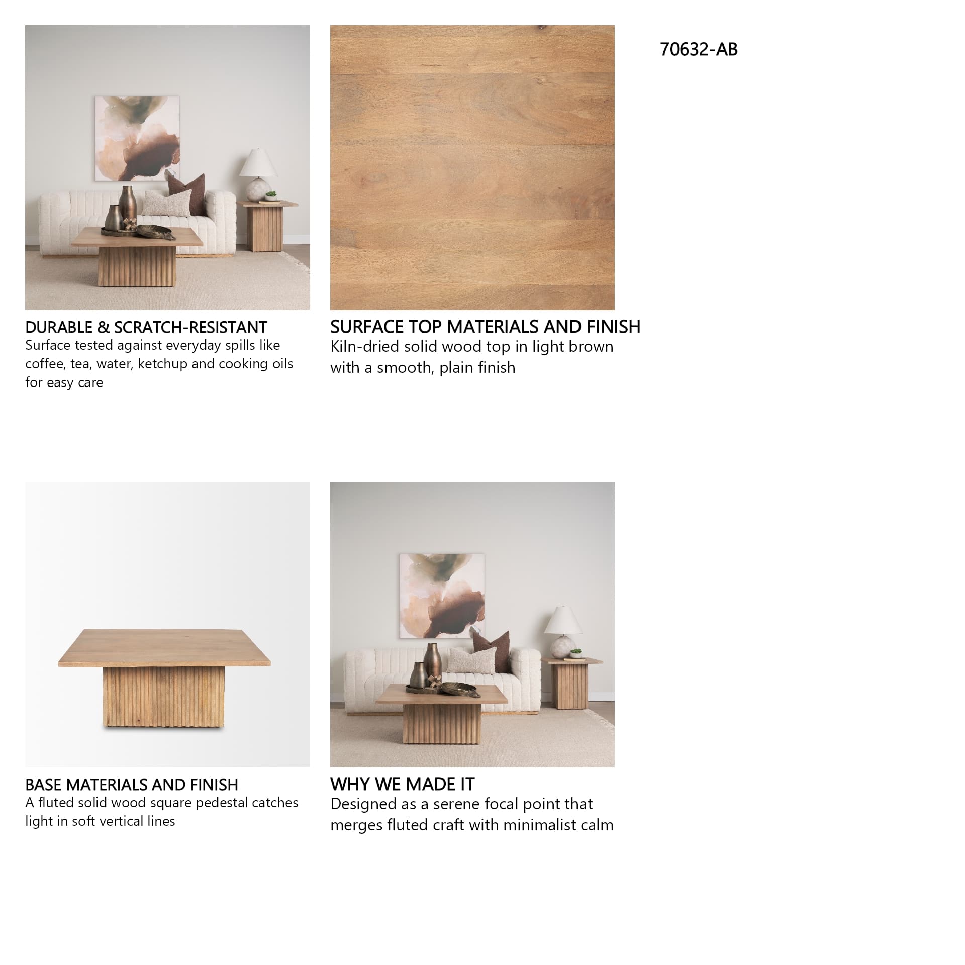 June Light Brown Wood w/ Fluting Square Coffee Table — in a styled room