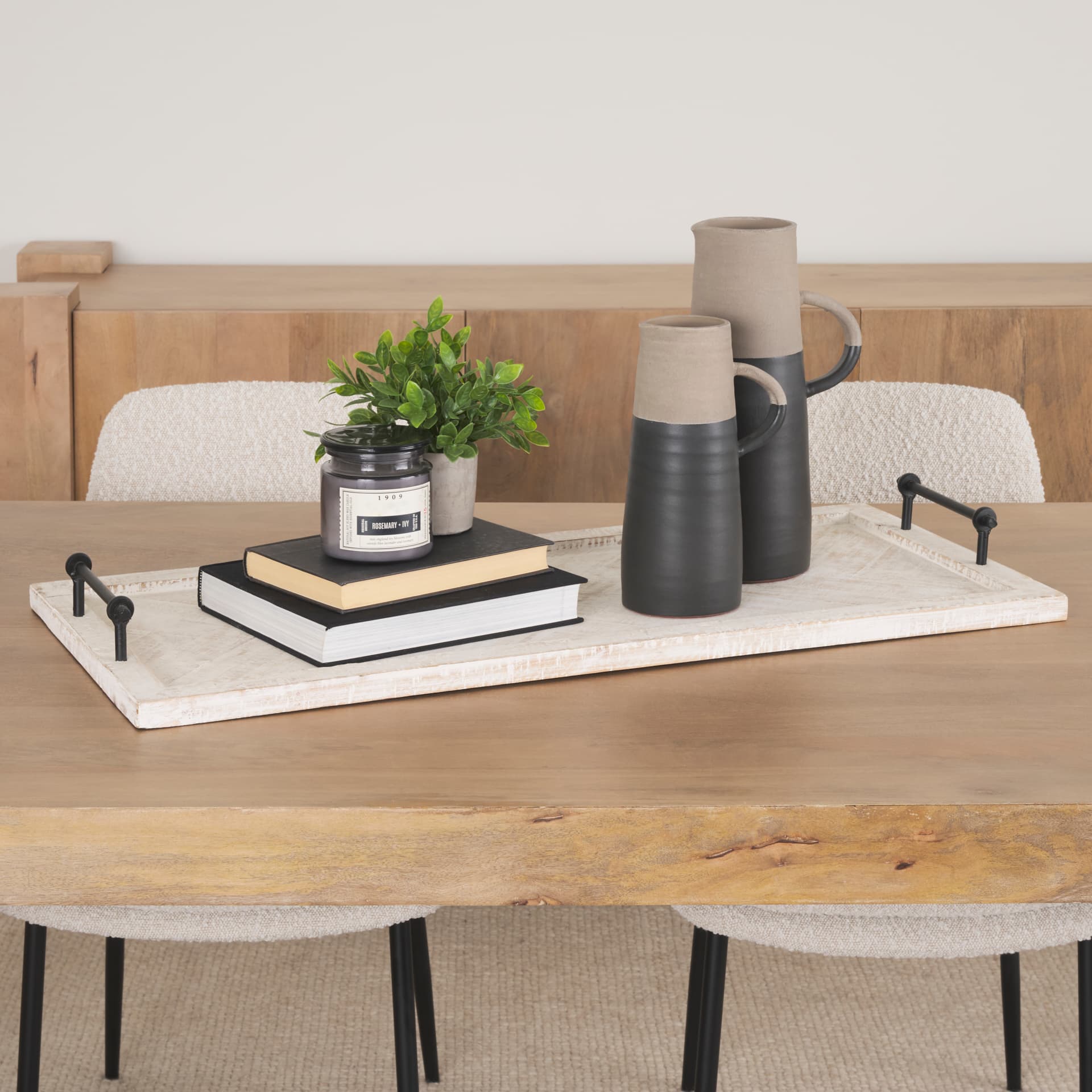 Alfred 35L x 16W Natural Wooden Herringbone Rectangular Tray — in a styled room