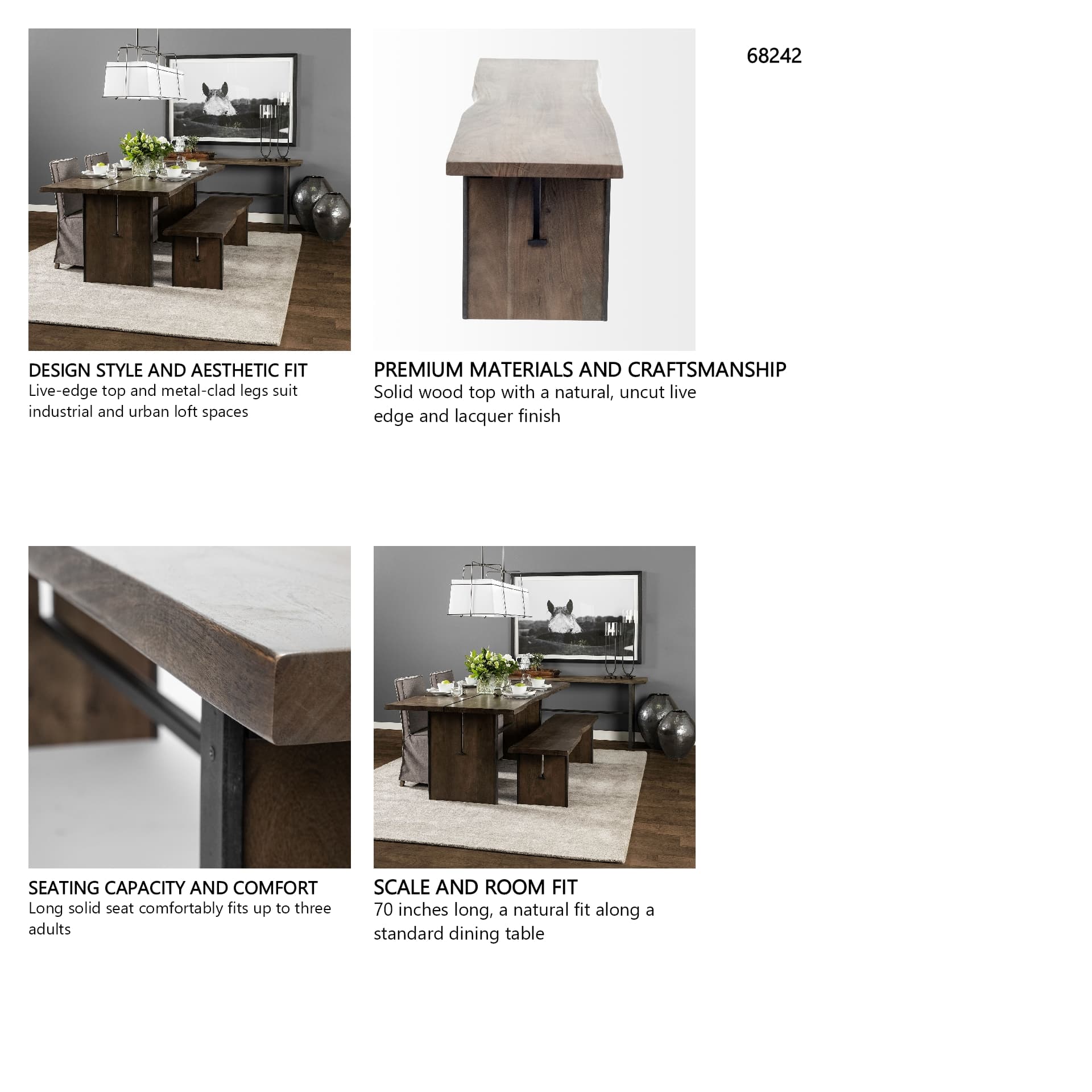 Ledger I 70L x 17W Brown Live-Edge Wooden Dining Bench — in a styled room