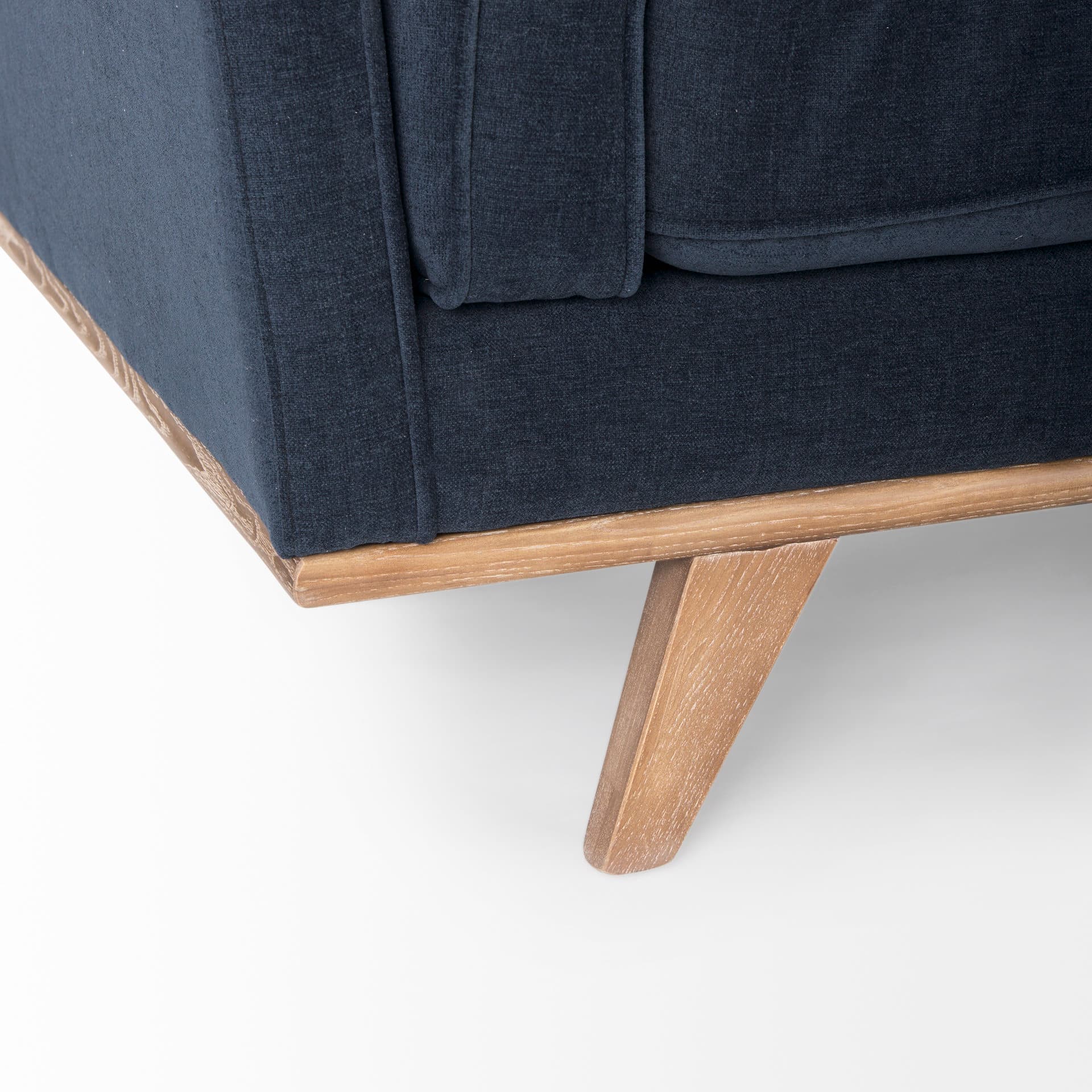 Brooks 90.2L x 34.8W x 33.5H Navy Blue Fabric Three Seater Sofa W/ Medium Brown Wooden Legs — product photograph