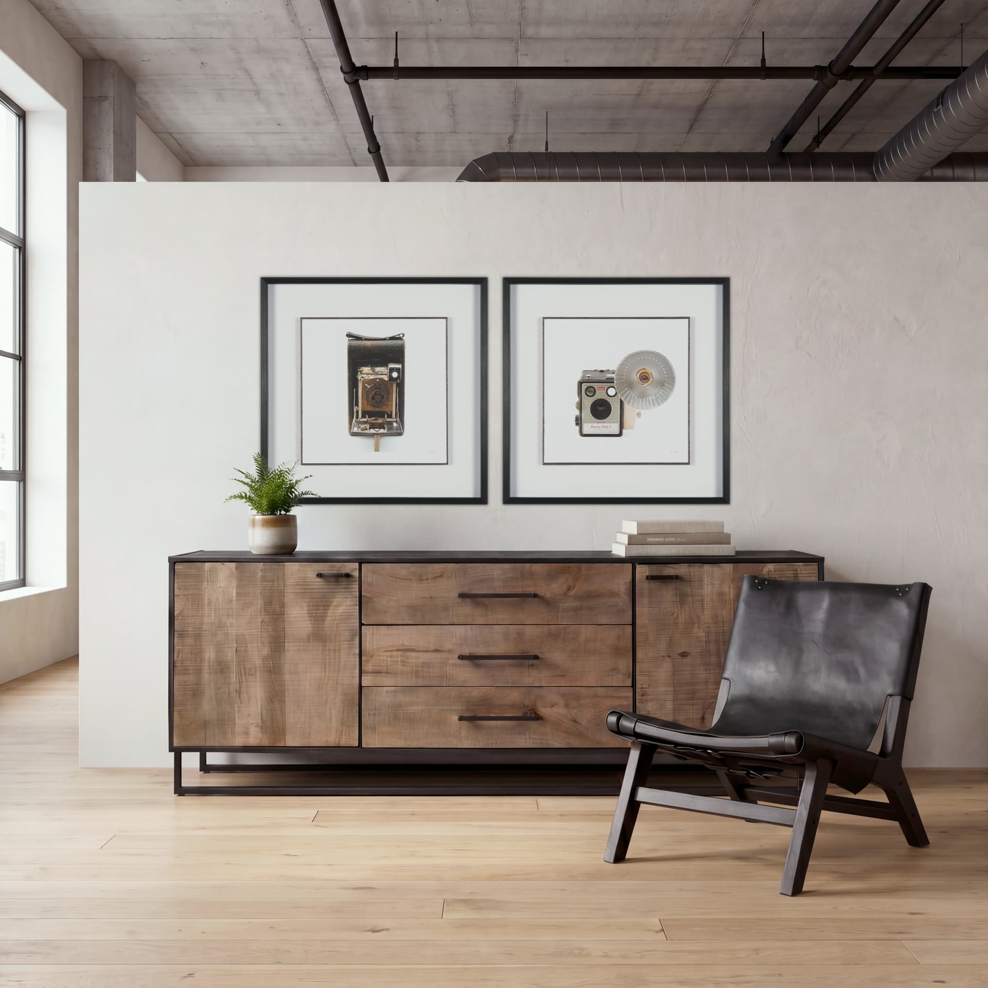 Alvin 82x20 Brown Solid Wood With Black Metal Frame 3 Drawer 2 Cabinet Door Sideboard — product photograph
