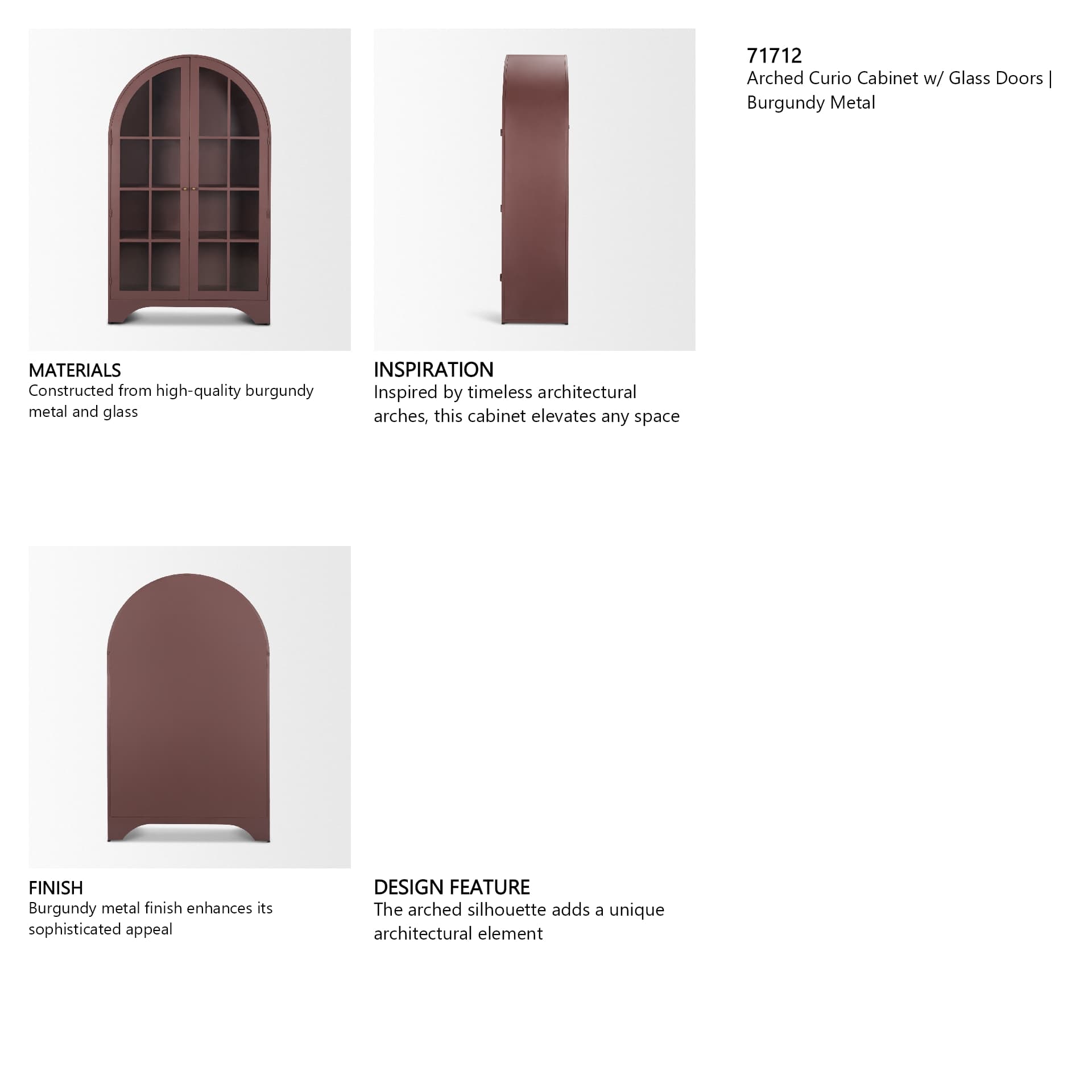 Rousseau Arched Curio Cabinet w/ Glass Doors | Burgundy Metal — in a styled room