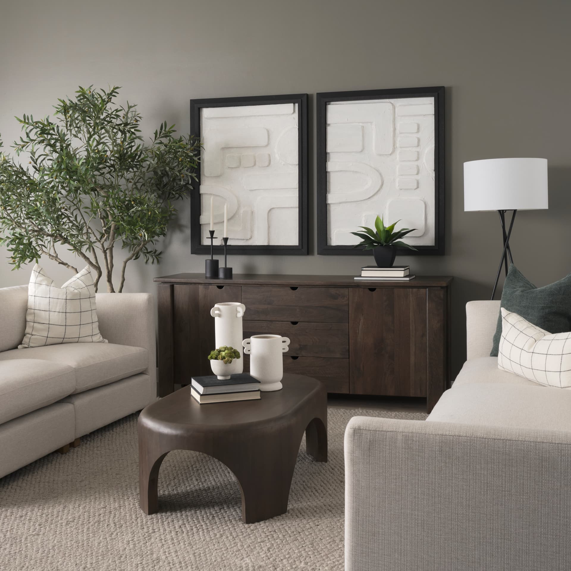 Wallen 2 Door Solid Dark Brown Wood w/ 3 Drawers Sideboard — in a styled room