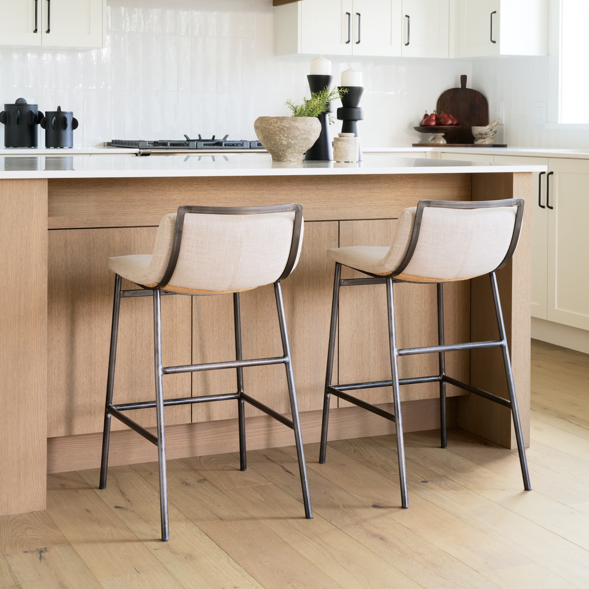 Kavalan Low Back 24.25in Seat Counter Stool | Beige Fabric w/ Metal — product photograph