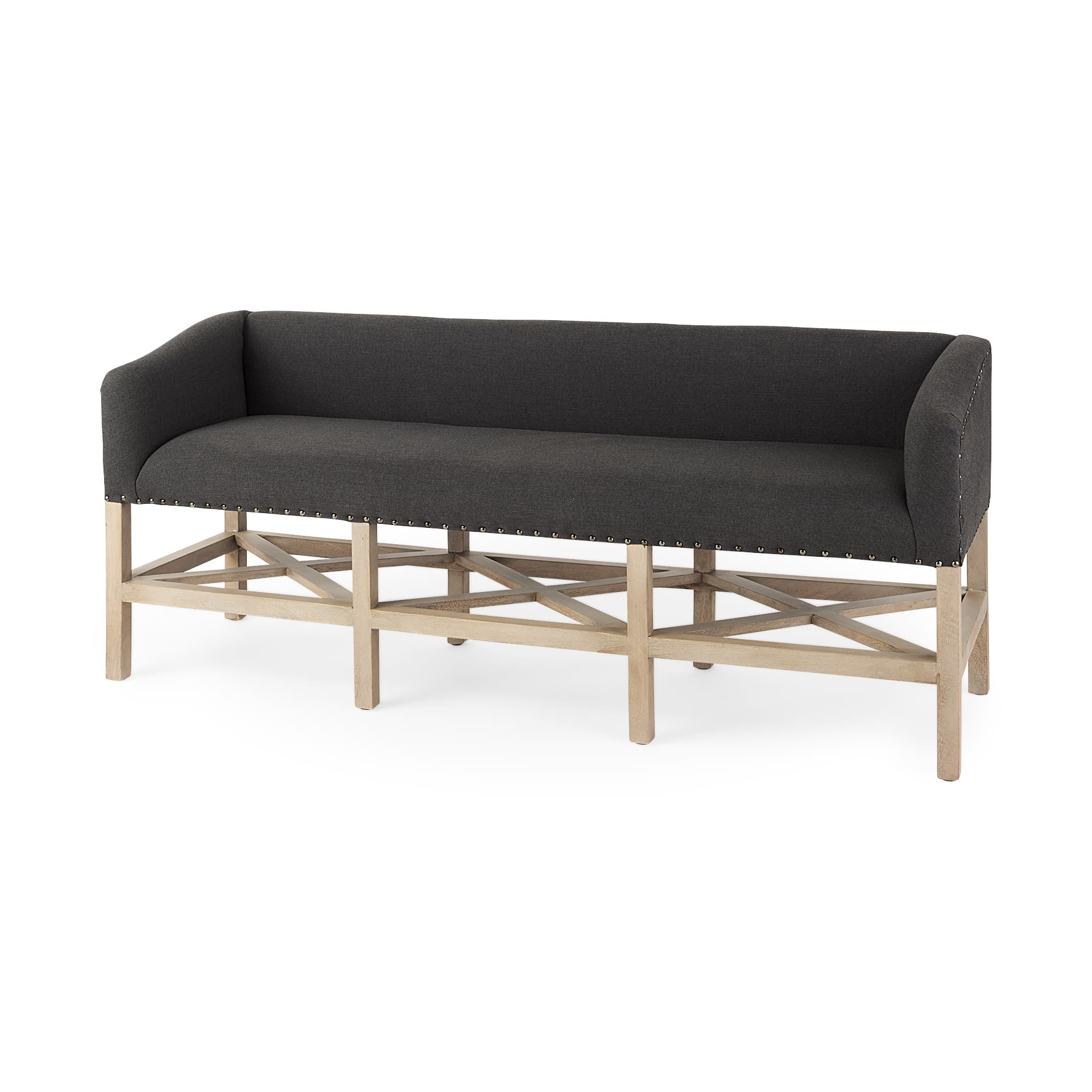 Bergen 60.0L x 19.0W x 25.5H Dark Gray Fabric W/ Light Brown Wooden Base Accent Bench — product photograph