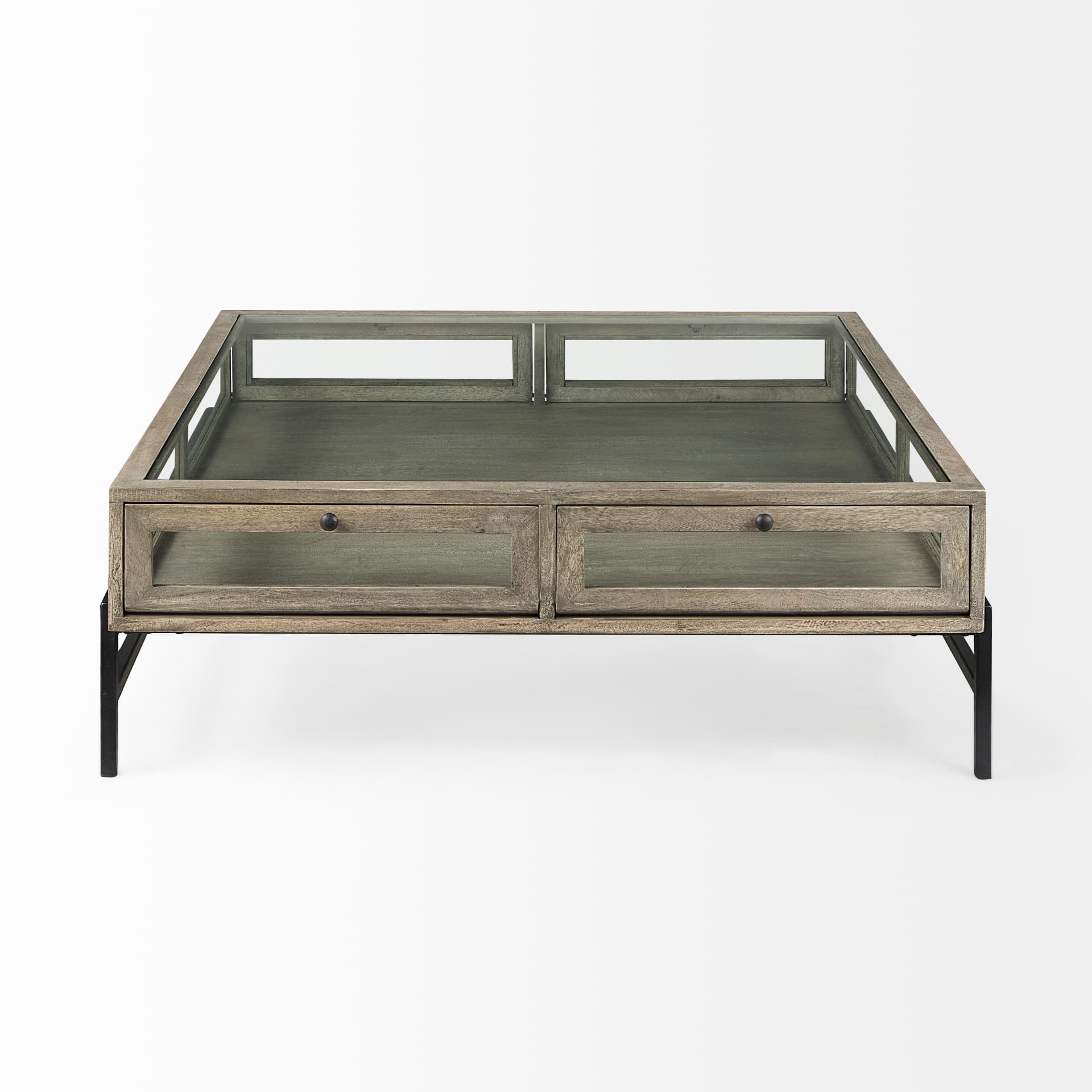 Arelius 42" Square Glass-Top Gray Wood w/ Black Metal Base Display Coffee Table — product photograph