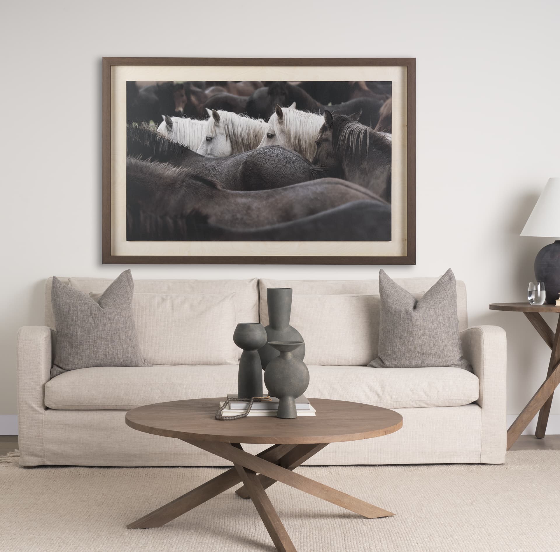 Custom White Horses (MC) by PH Burchett a Hand Embelished Textured Framed Photo Art Decograph — in a styled room