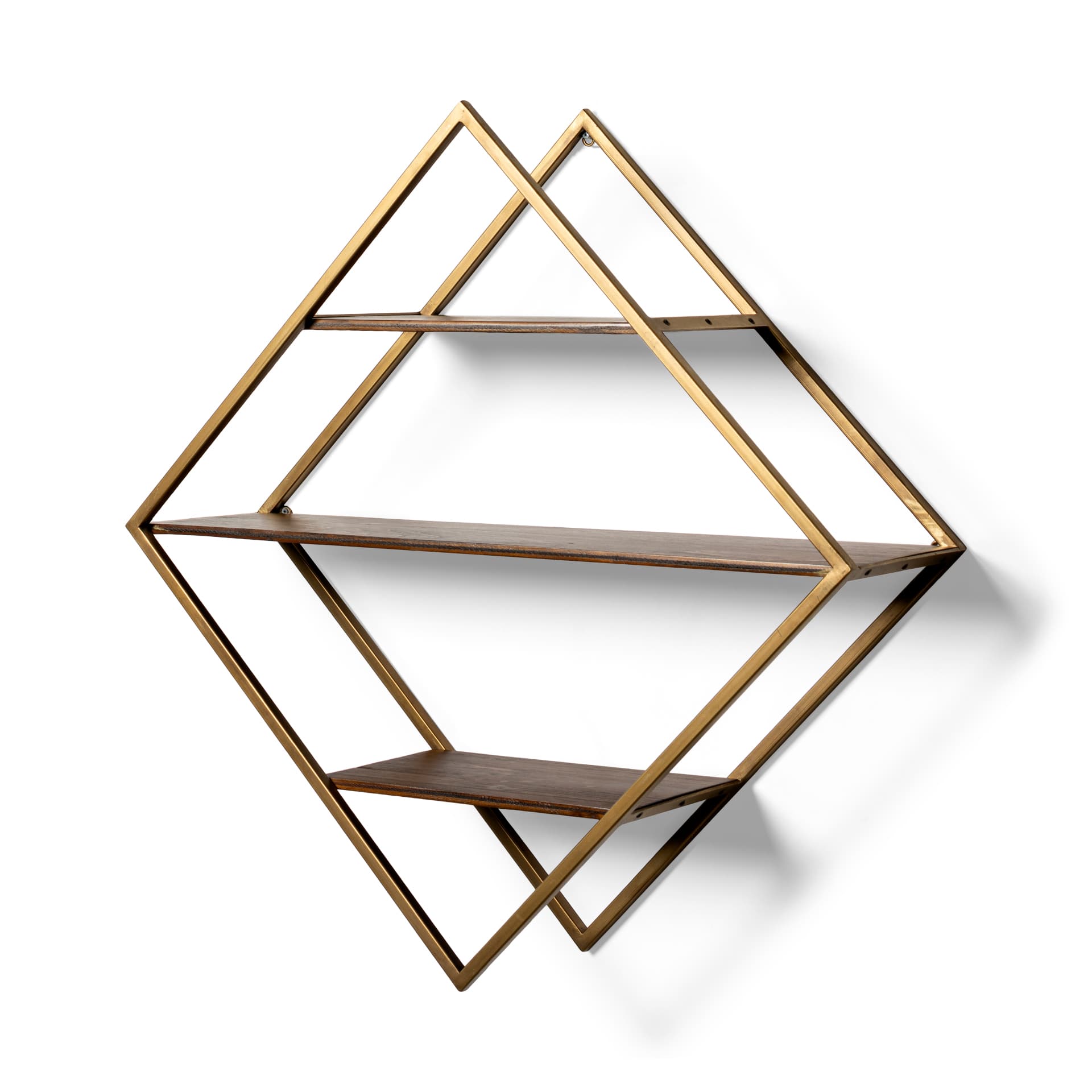 Neil I Diamond Shape Wall Mounted Brass Frame w Three Wood Wall Shelves — product photograph