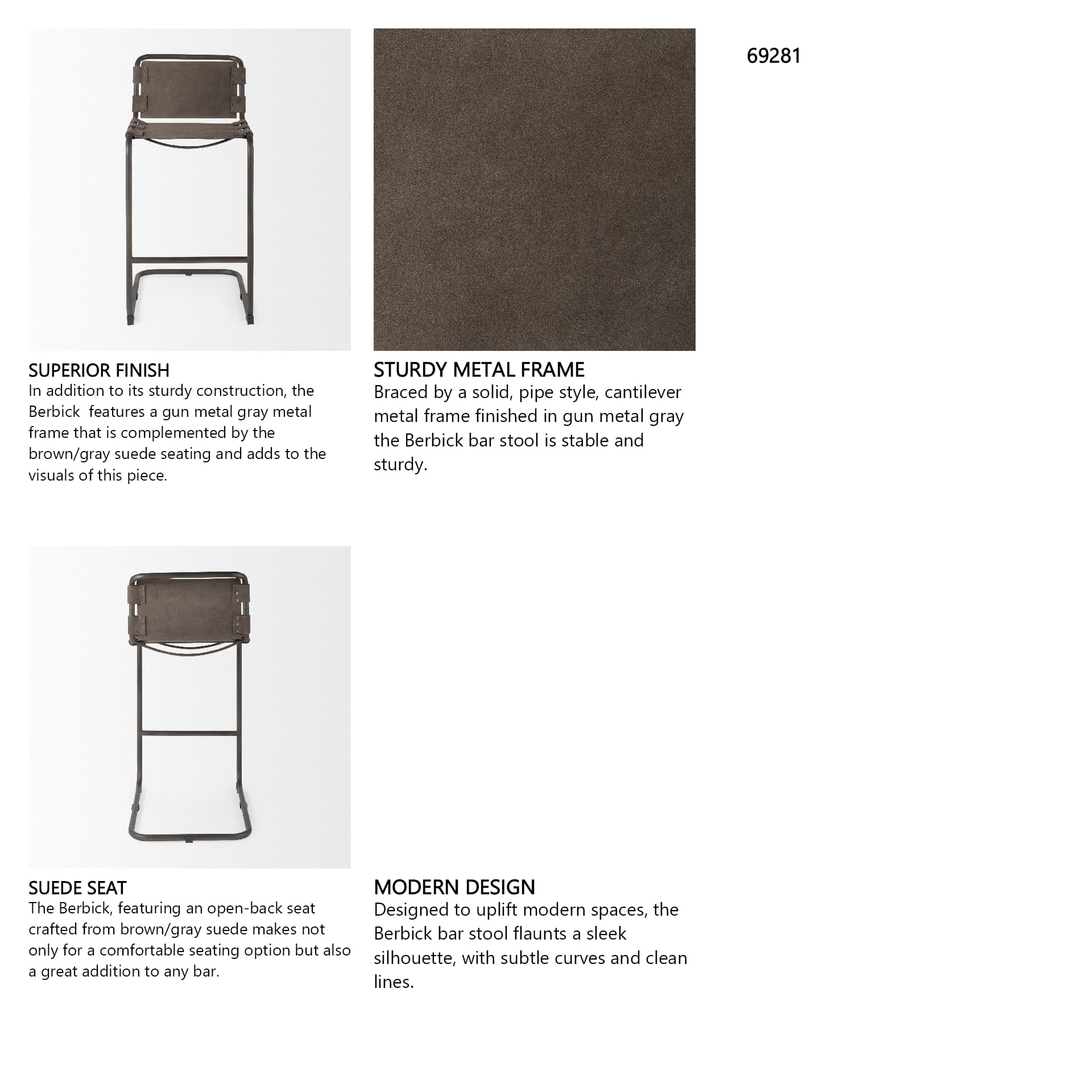 Berbick Backless 43in Seat Bar Stool | Brown/Gray Suede w/ Gray Metal — product photograph