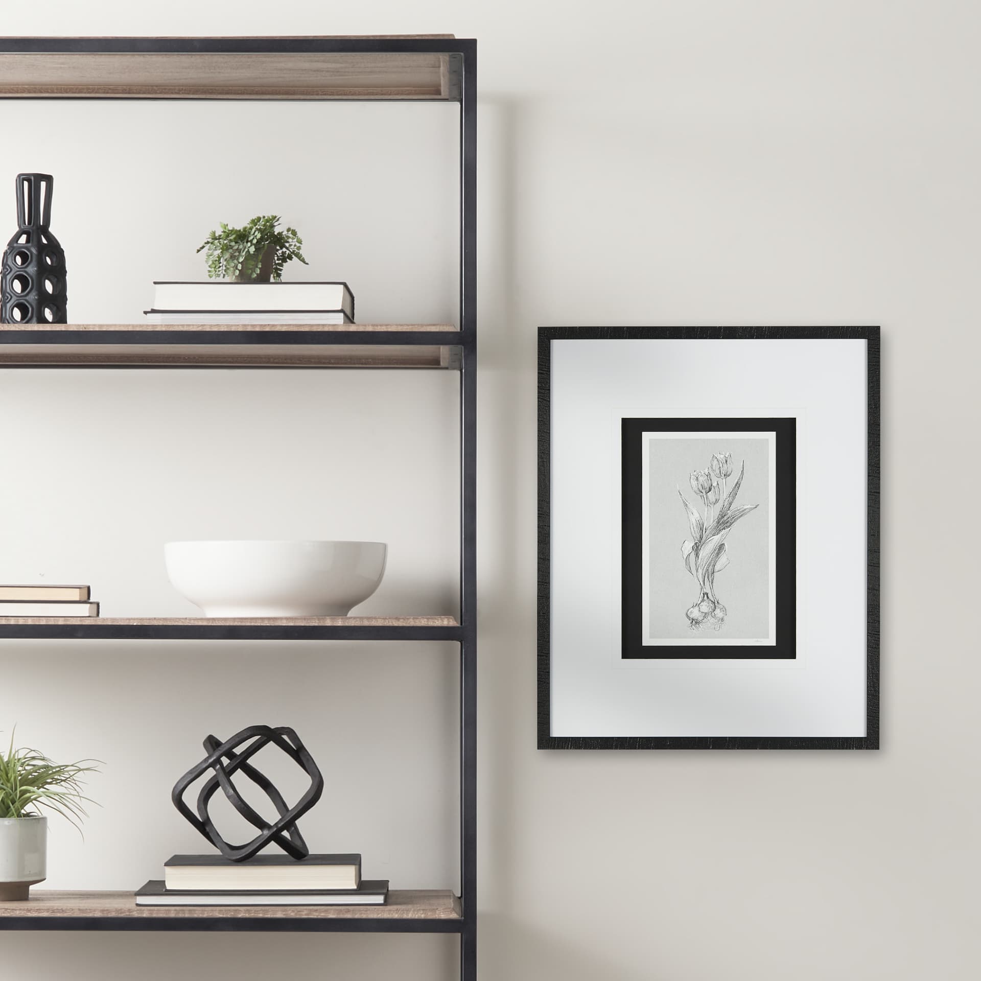 Botanical sketches I (Grey) by Mercana Studio Hand Embellished Framed Art Print Matted under Glass — in a styled room