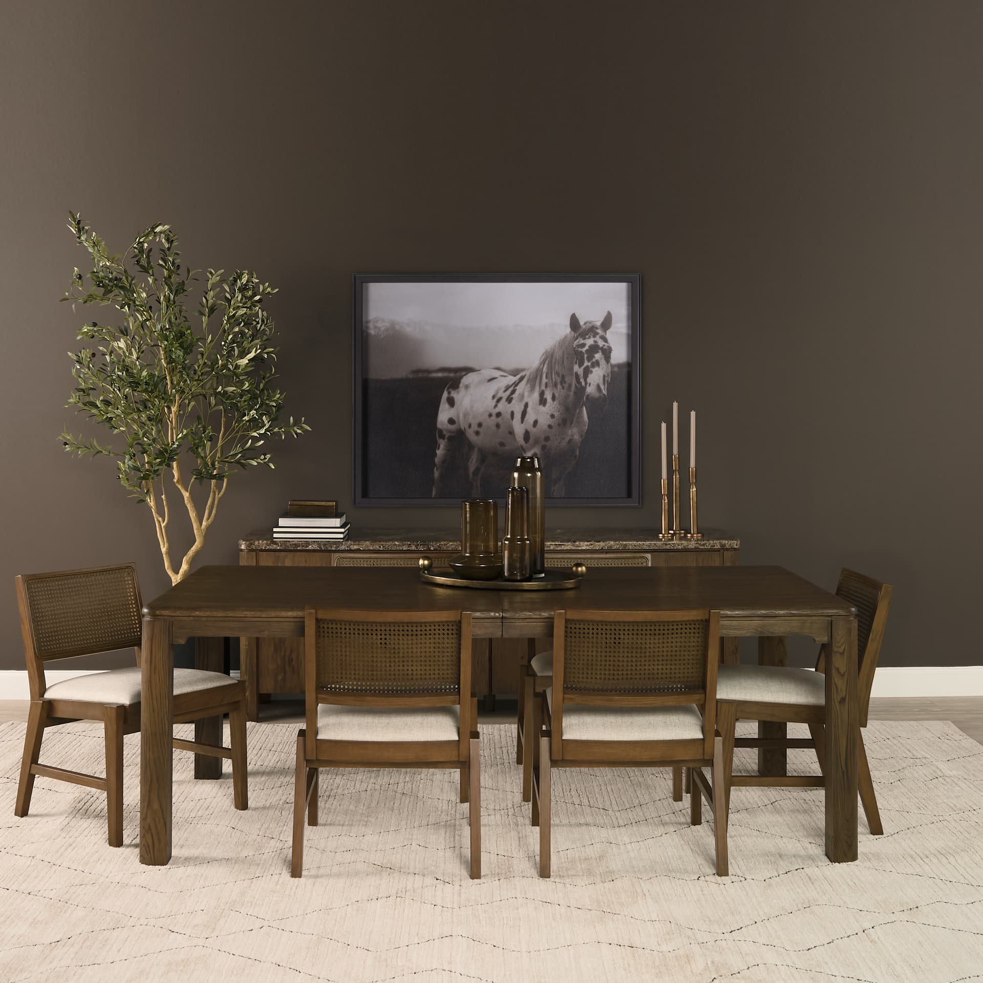 Reid Cane Back Dining Side Chair | Cream Fabric w/ Brown Wood — product photograph