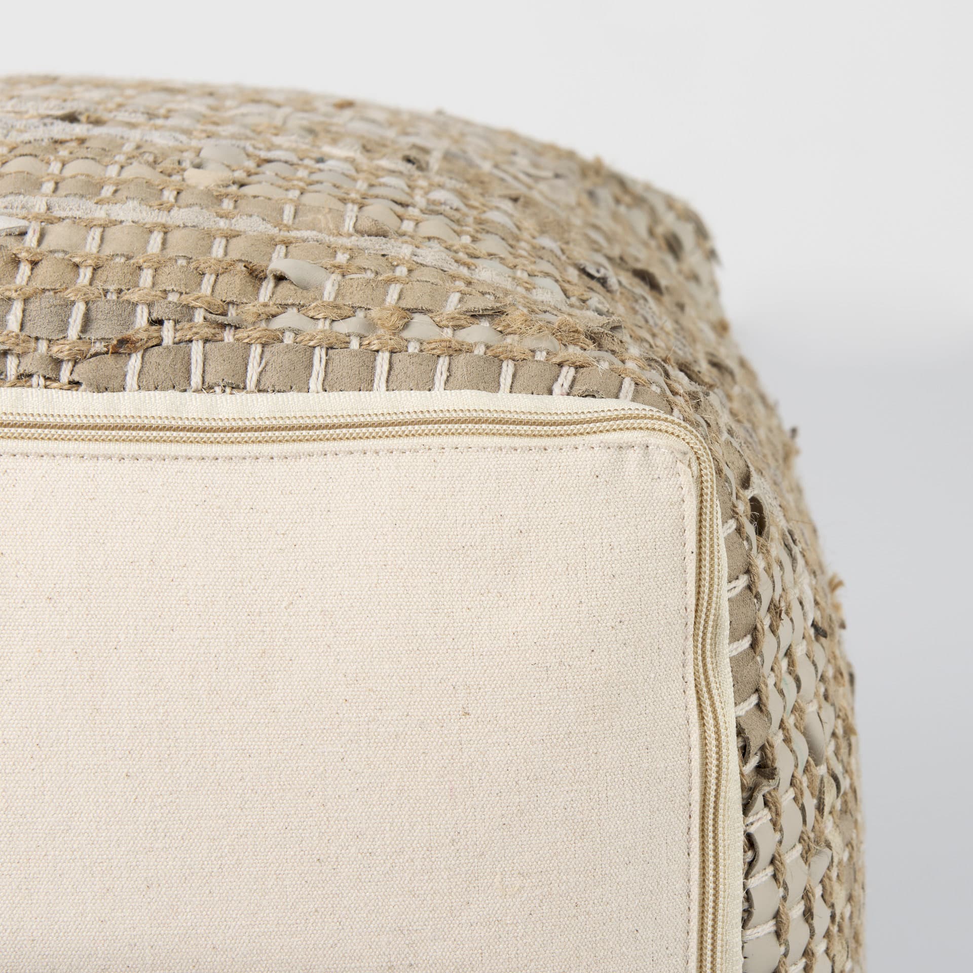 Aalia 16.0L x 16.0W x 16.0H Beige Leather and Jute Pouf — product photograph