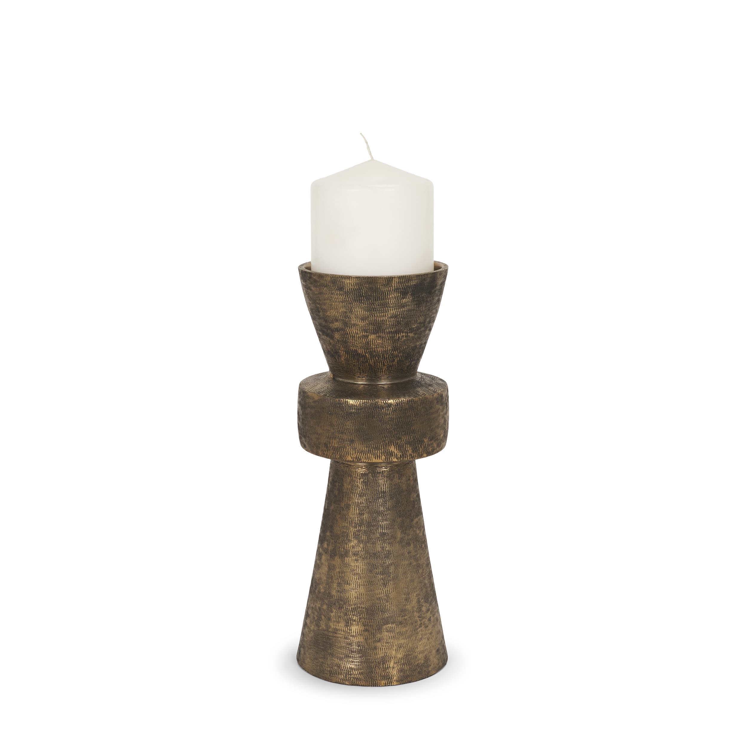 Odilia Small Textured Antiqued Gold Metal Geometric Pillar Candle Holder — product photograph
