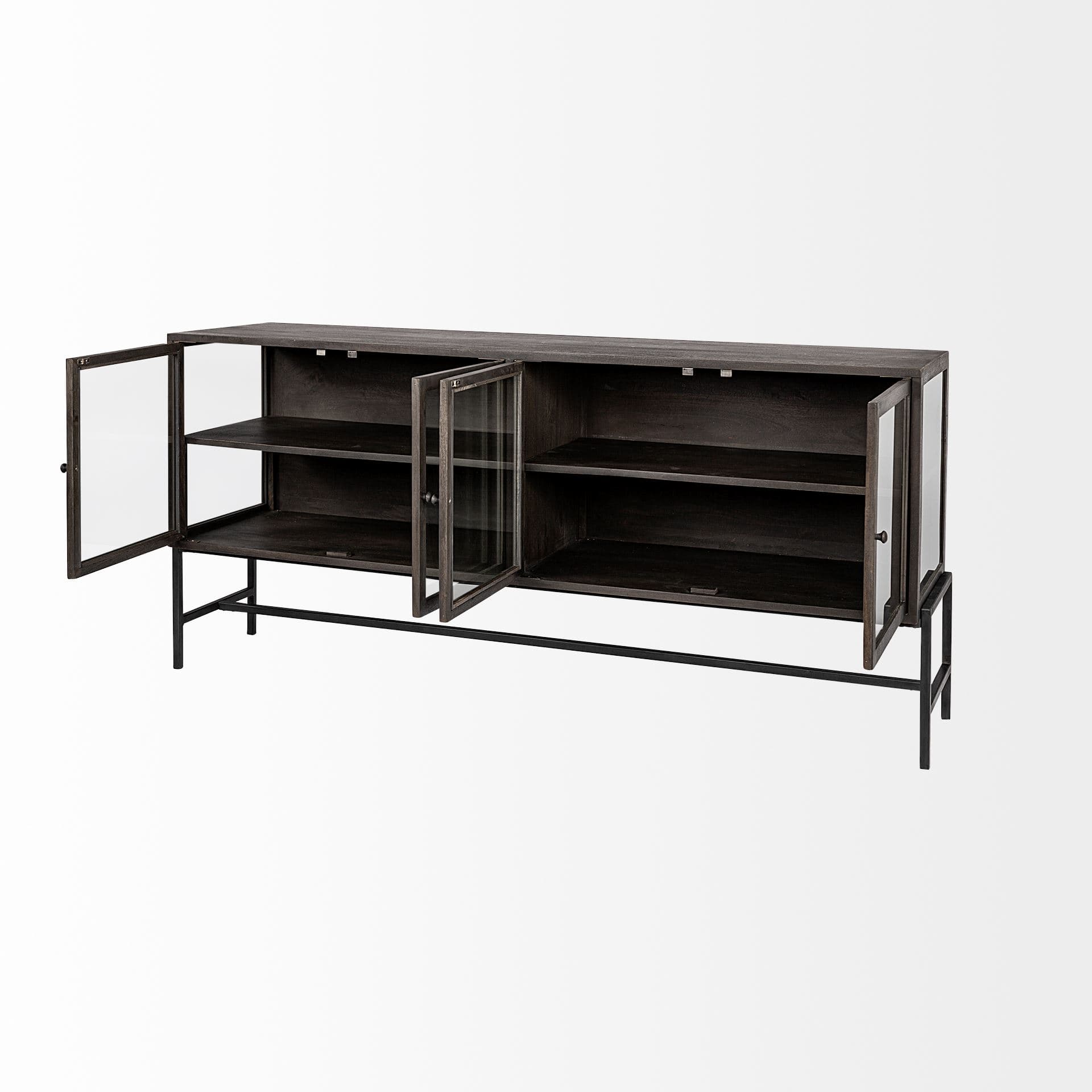 Arelius 70L x 18.75W x 32H Black-Brown Wood, Black Metal Base w/ 4 Glass Cabinet Doors Sideboard — product photograph