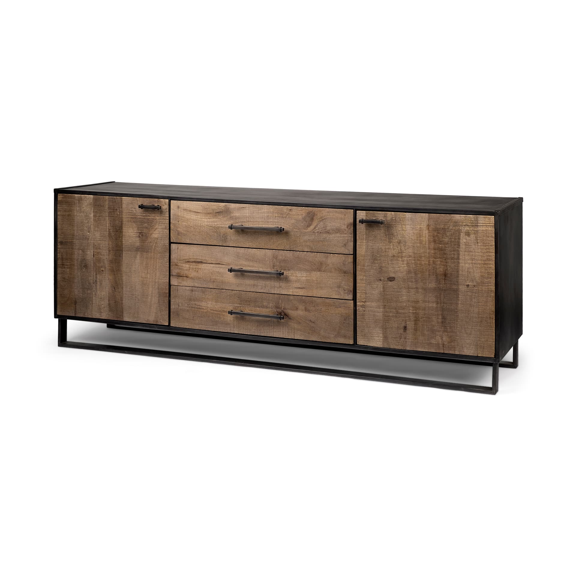 Alvin 82x20 Brown Solid Wood With Black Metal Frame 3 Drawer 2 Cabinet Door Sideboard — product photograph