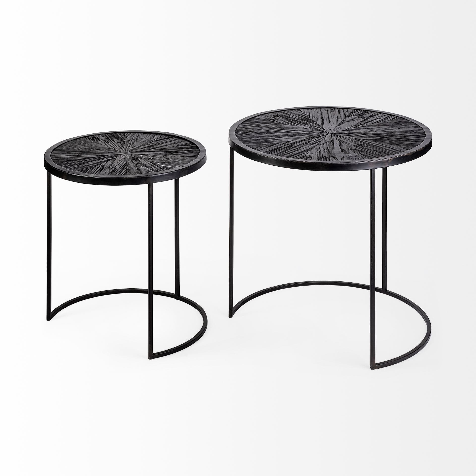 Chakra 19.7" Set of Two Round Dark Wood Top Black Frame Accent Tables — product photograph