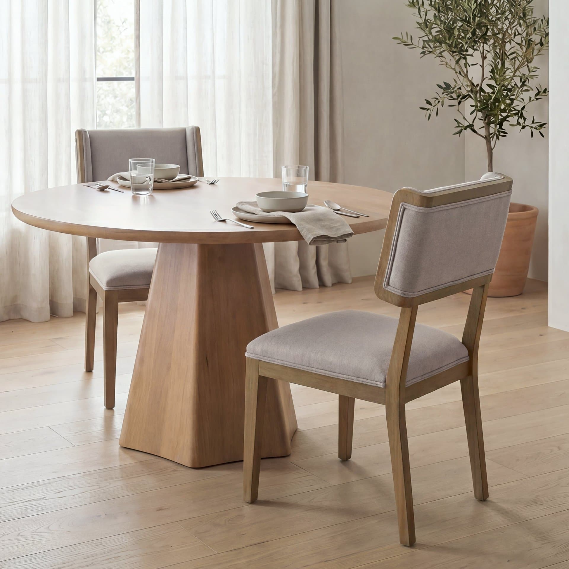 Tenton Open Back Dining Side Chair | Grey Fabric w/ Brown Wooden — product photograph