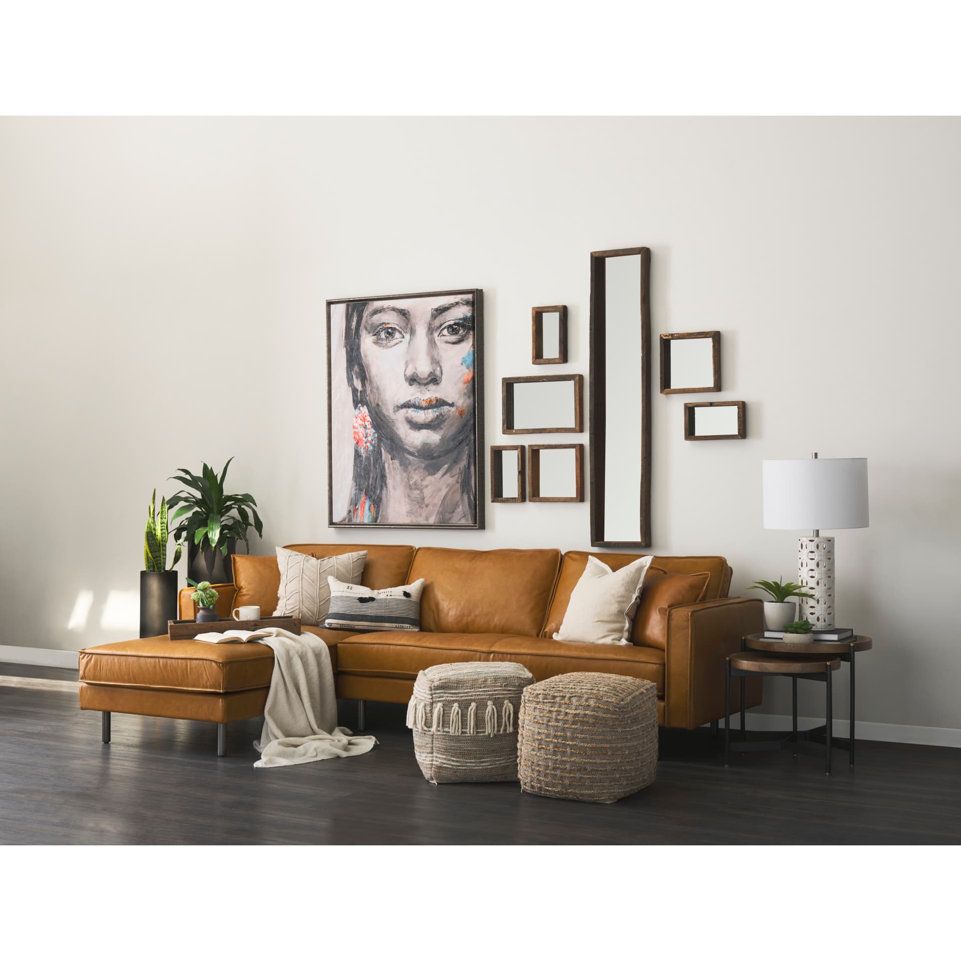 Binita 16.0L x 16.0W x 16.0H Gray/Brown Hemp Wool and Cotton Pouf — in a styled room