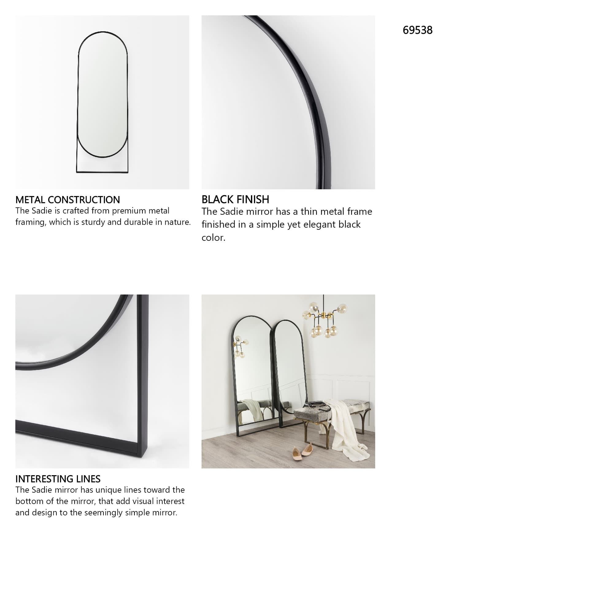 Sadie 28.0L x 2.0W x 78.0H Black Metal Rounded Arch Floor Mirror — product photograph