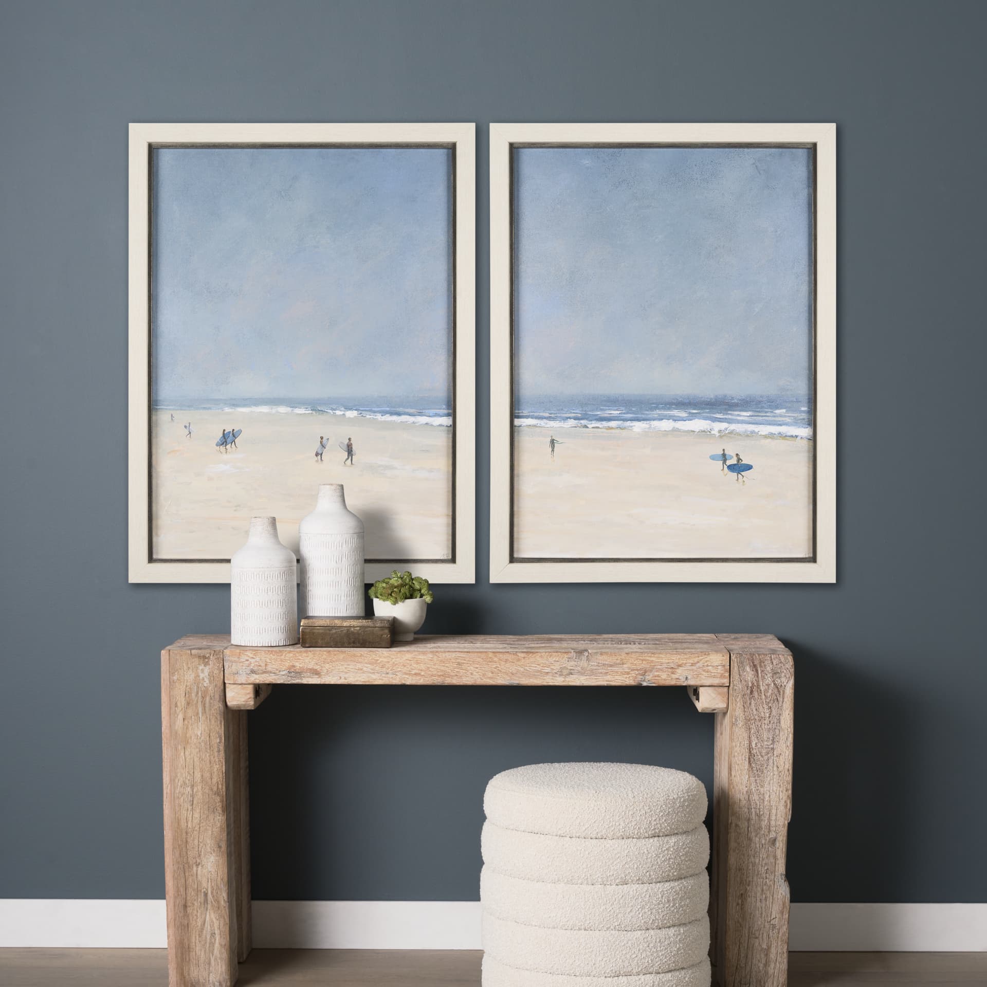 Surfers and The Sea II by Mercana Studio a Hand Embellished Textured Framed Art Print — in a styled room