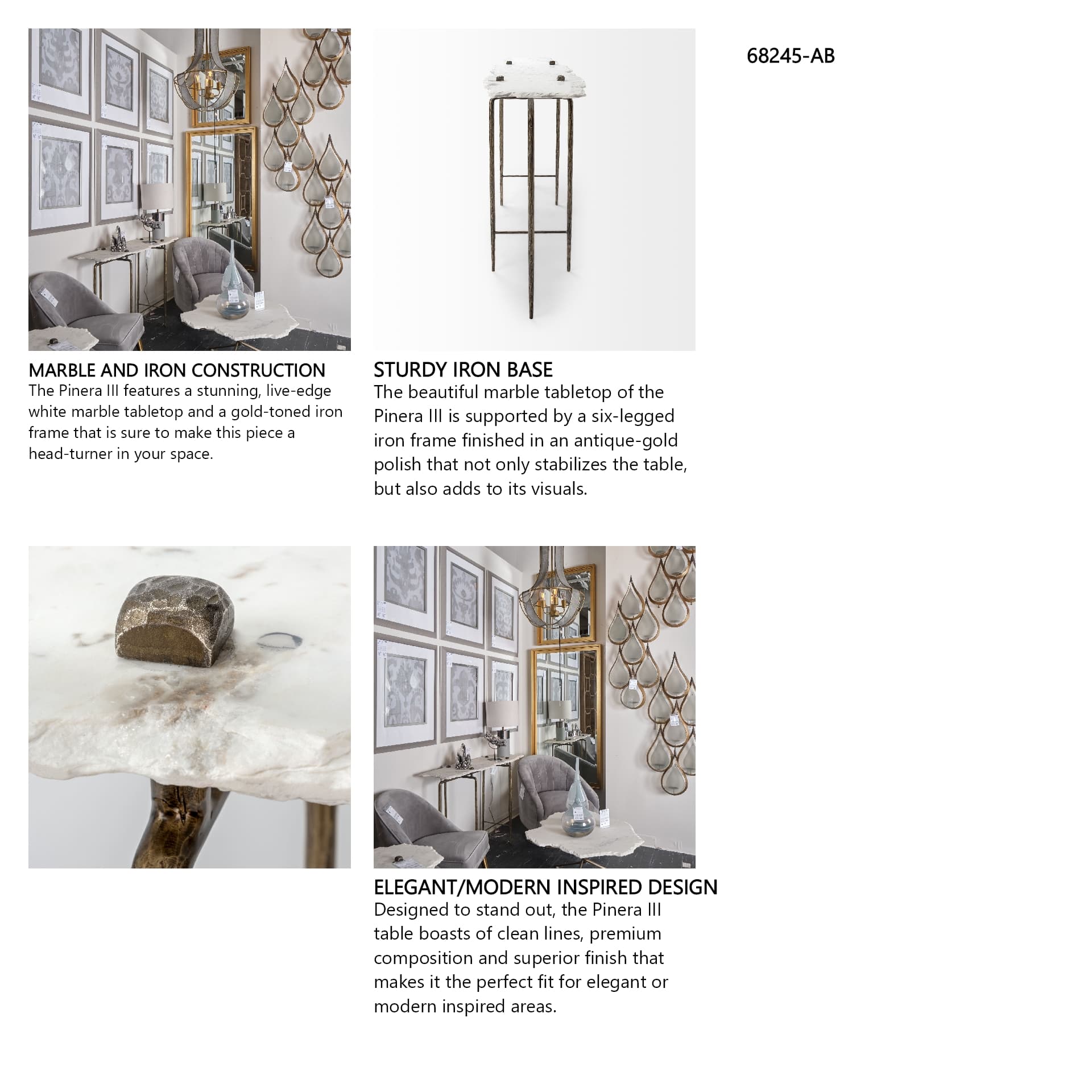 Pinera III 49L x 17W White Marble Top Gold-Toned Iron Base Console Table — in a styled room