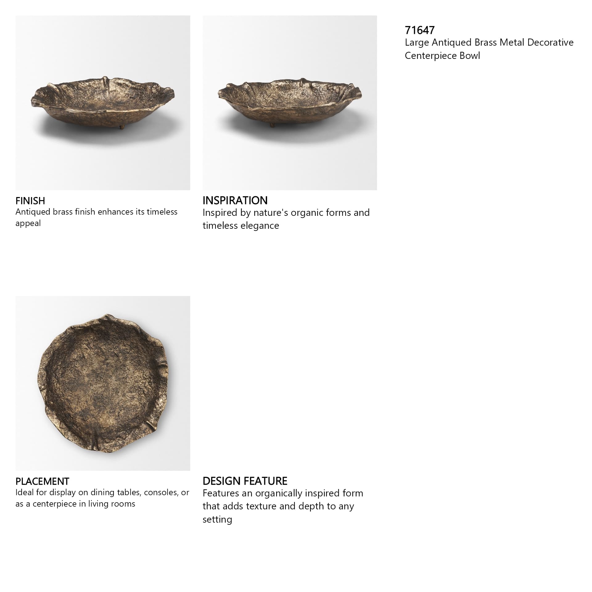 Verdant Large Antiqued Brass Metal Decorative Centerpiece Bowl — in a styled room