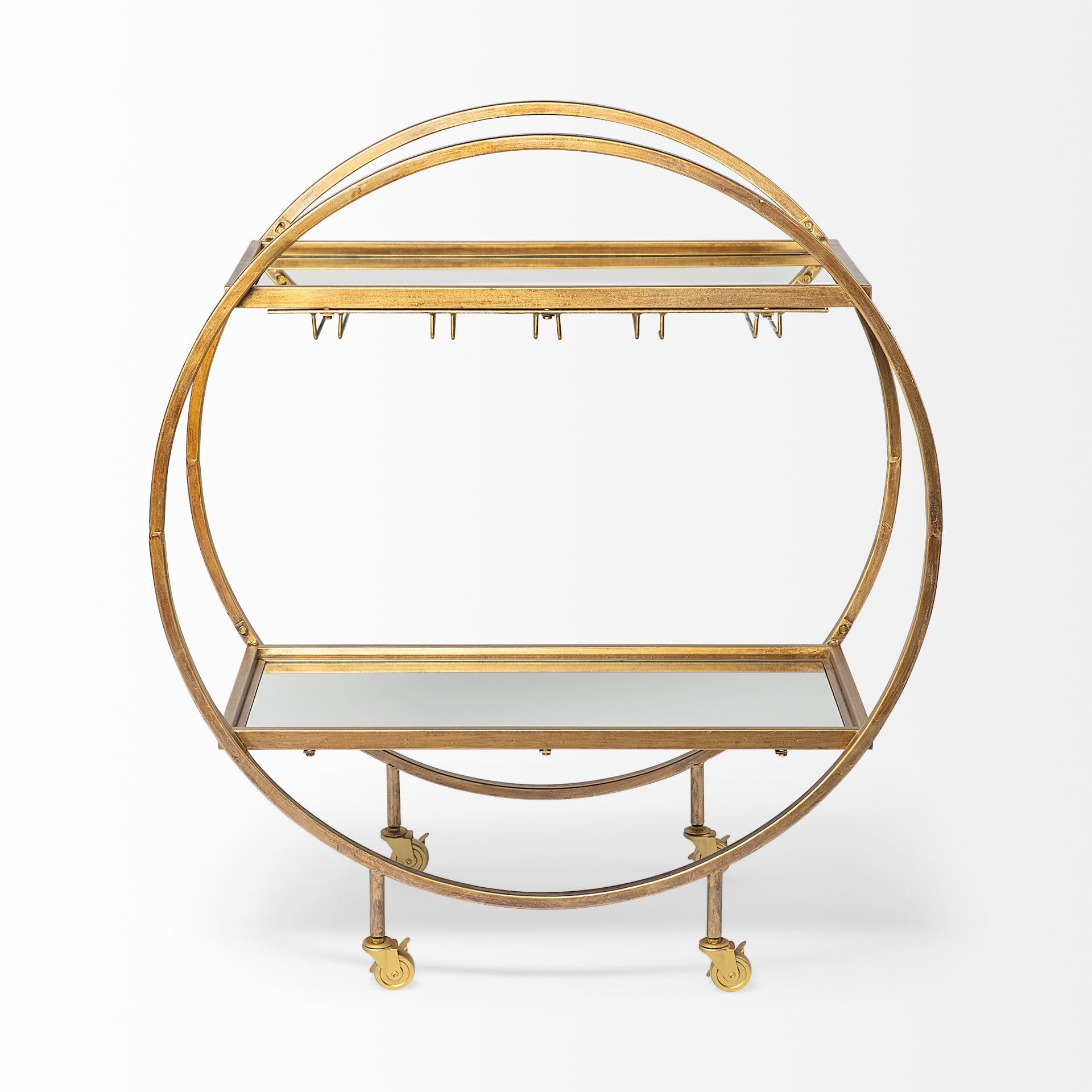 Carola Gold Frame Two-Tier Glass Shelves w/Stemware Holder Bar Cart — product photograph