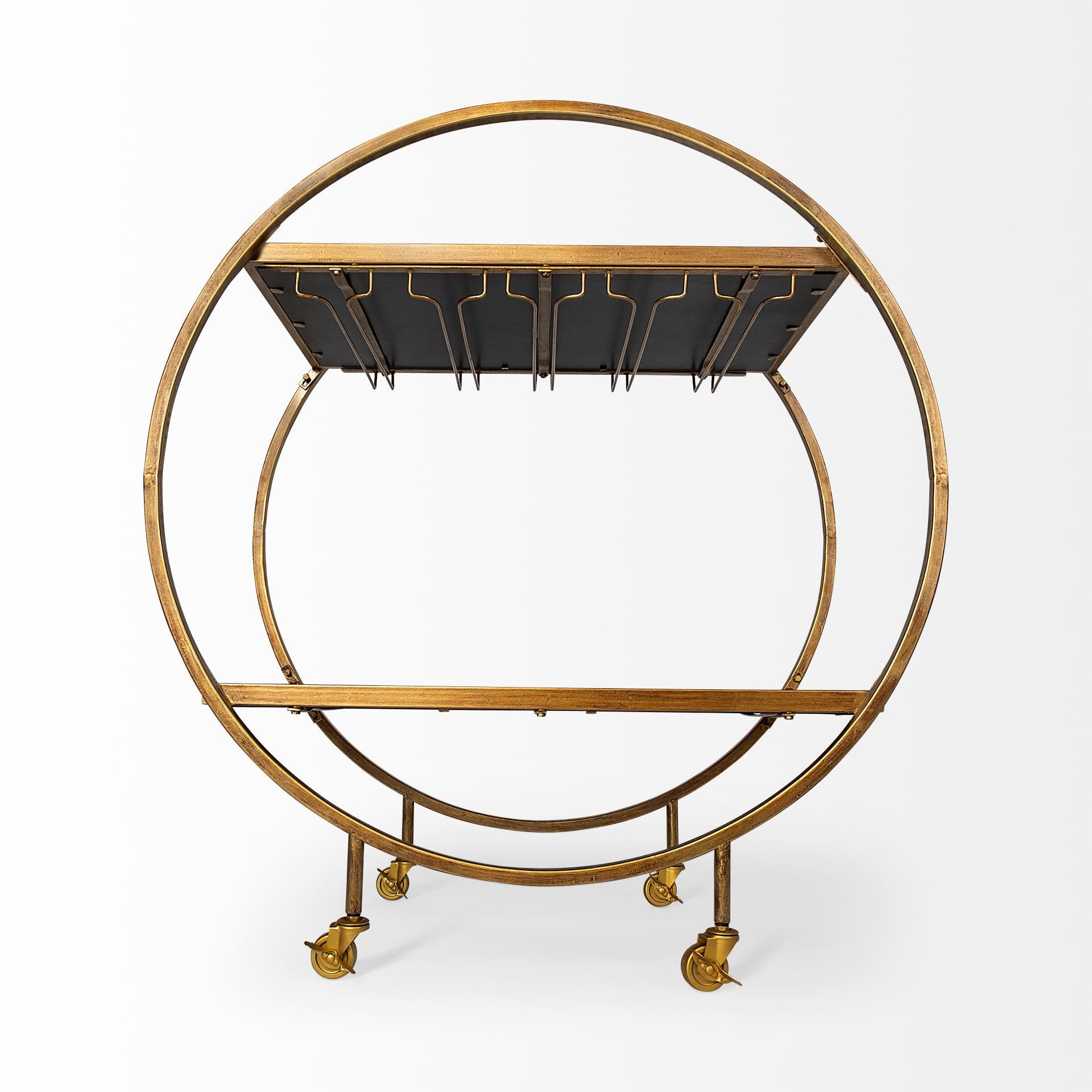 Carola Gold Frame Two-Tier Glass Shelves w/Stemware Holder Bar Cart — product photograph