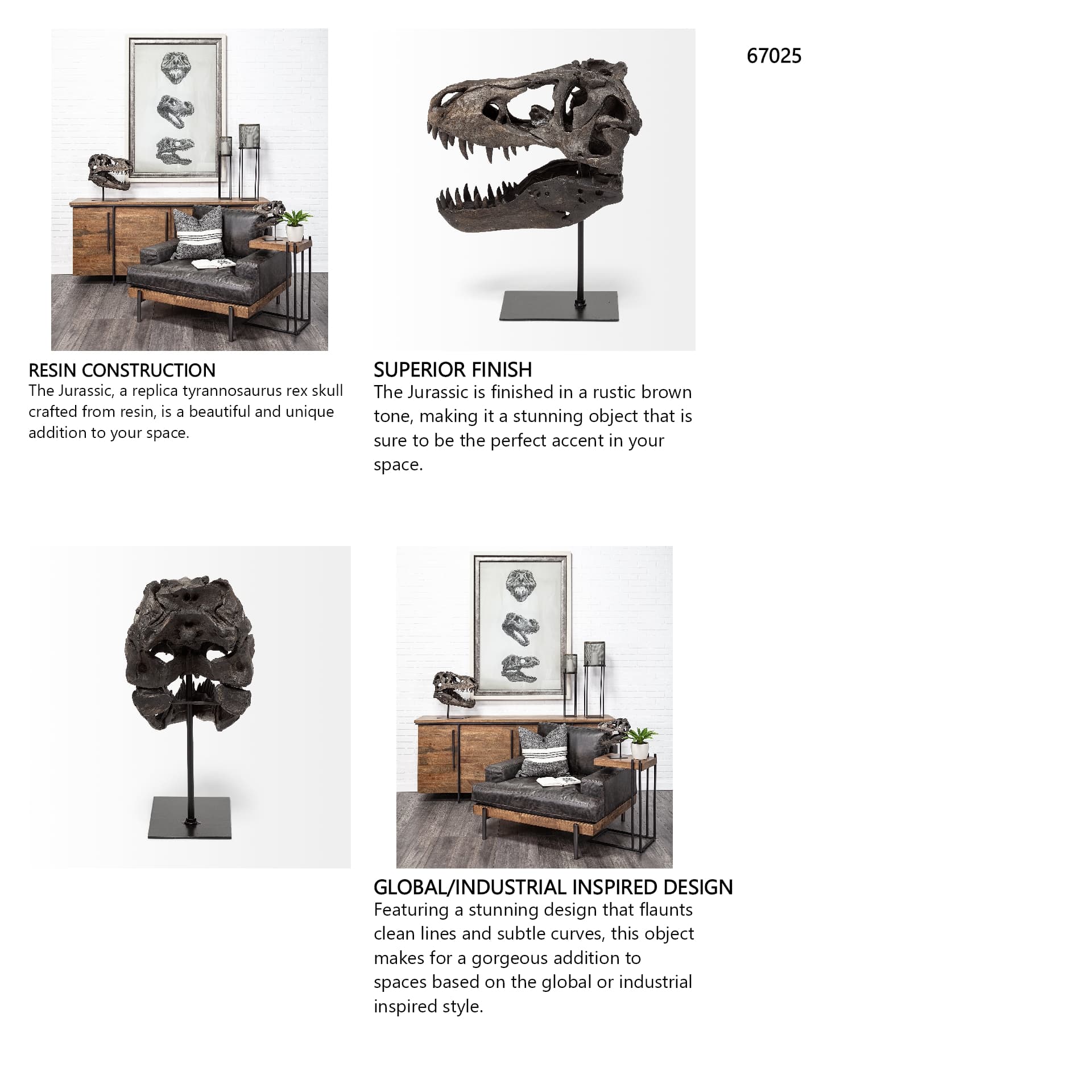 Jurassic 6L x 10W Brown Resin Tyrannosaurus Skull Replica — in a styled room
