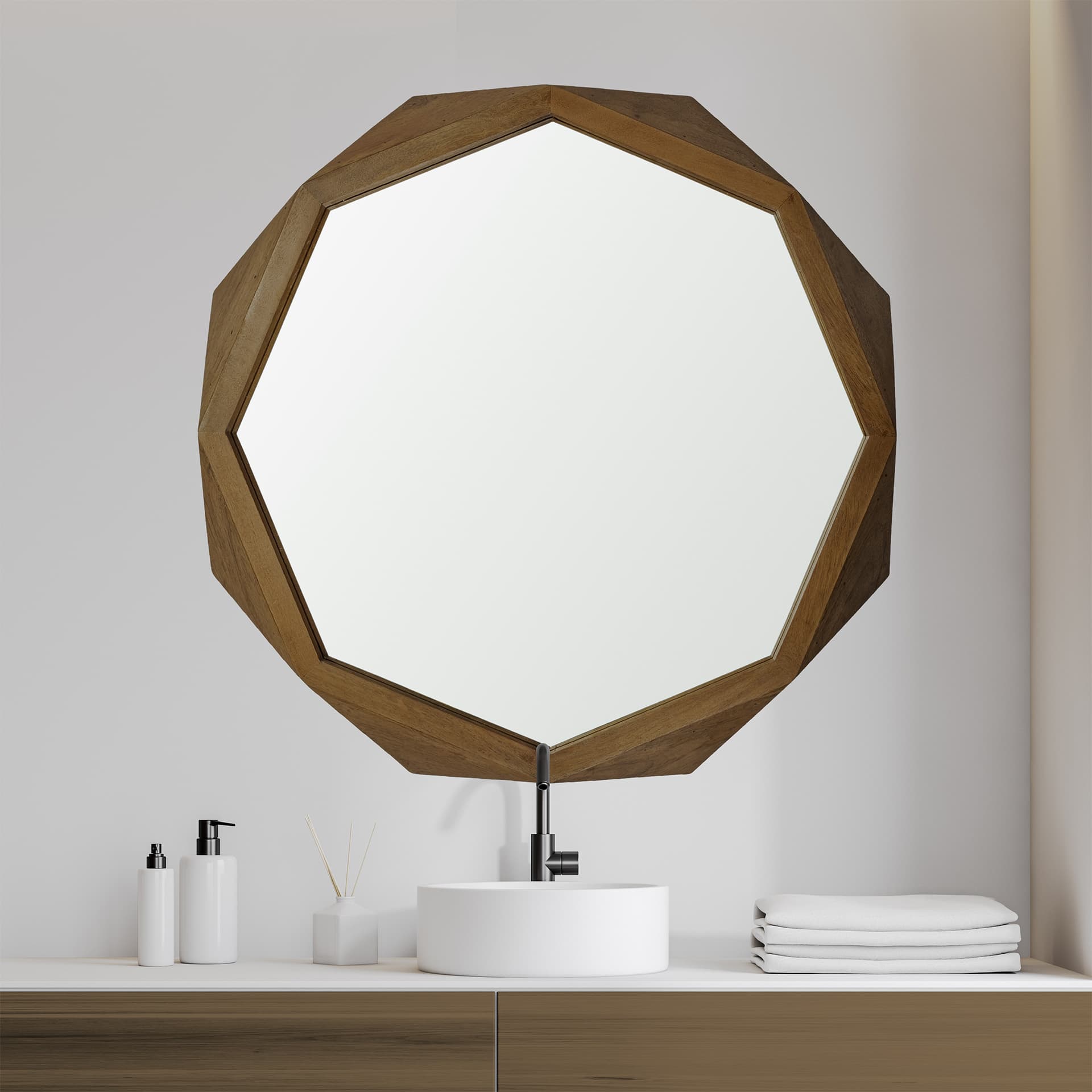 Aramis II 41L x 41H Octagon Brown Wood Frame Wall Mirror — product photograph