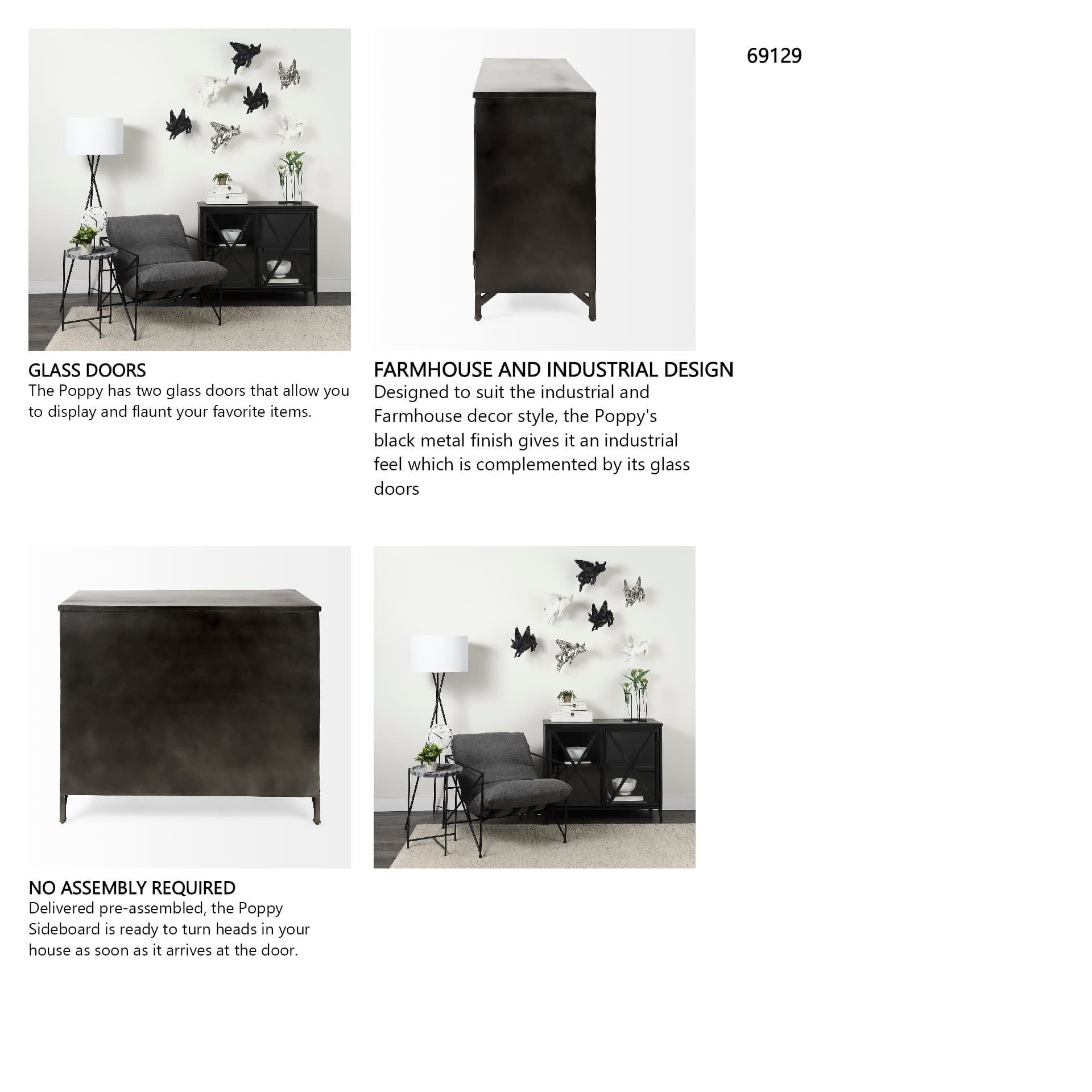 Poppy III 40L x 16W Black Metal With Glass Door Accent Cabinet — in a styled room