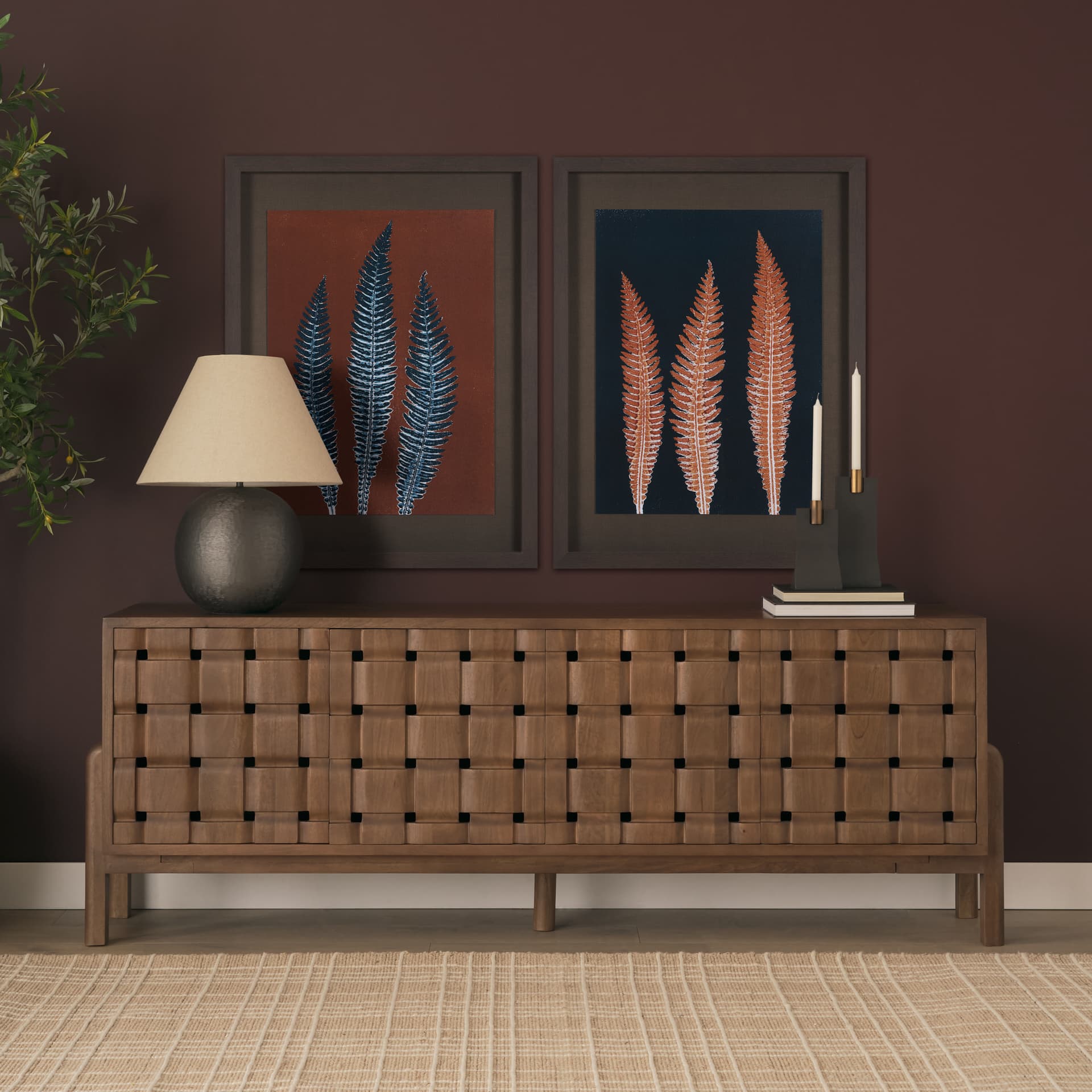 Indigo Fern 4 by Mary Margaret Briggs Hand Embellished Textured Framed Art Print Matted under Glass — in a styled room