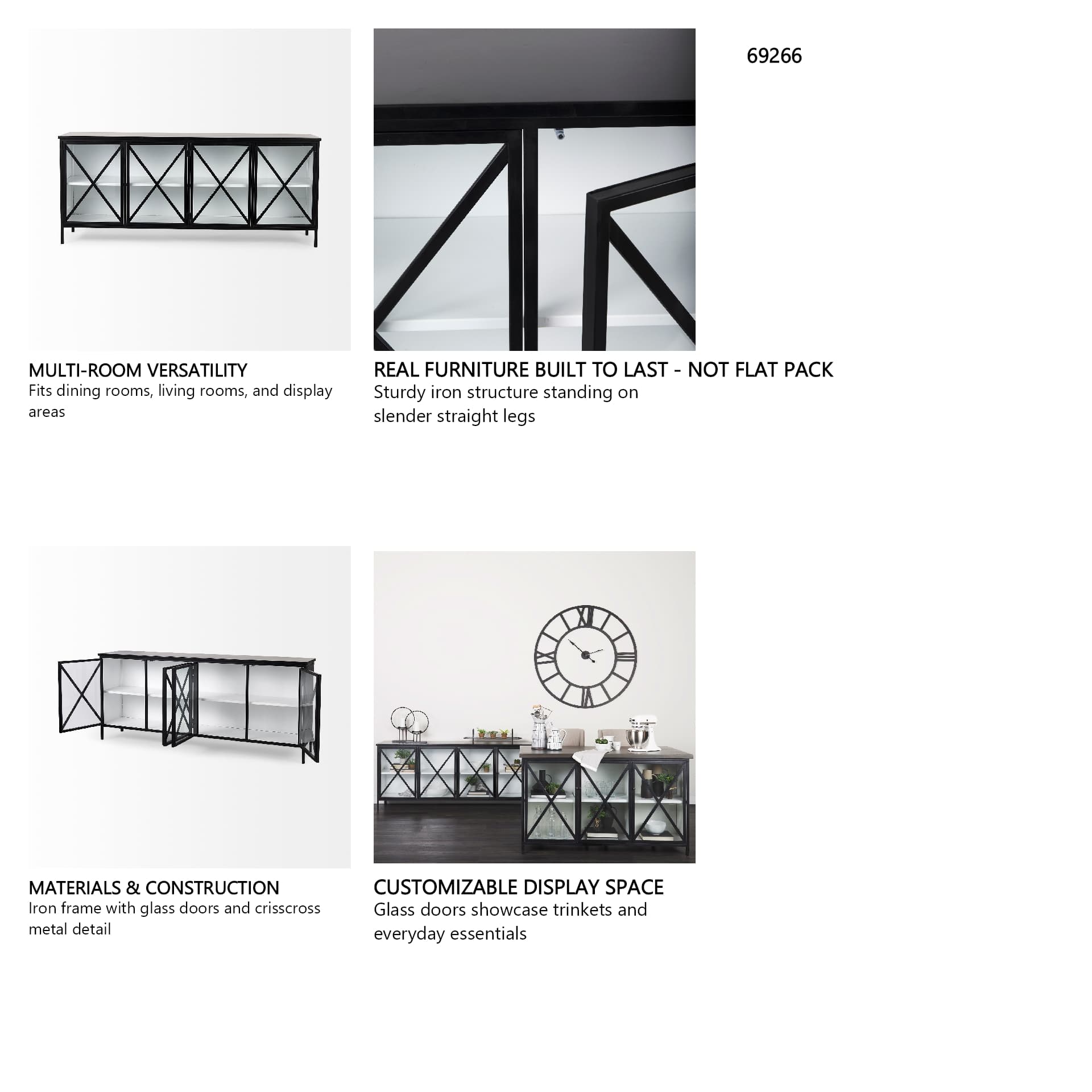 Aurelia 79.0L x 16.0W x 33.0H Black and White Metal Four Door Glass Cabinet — in a styled room